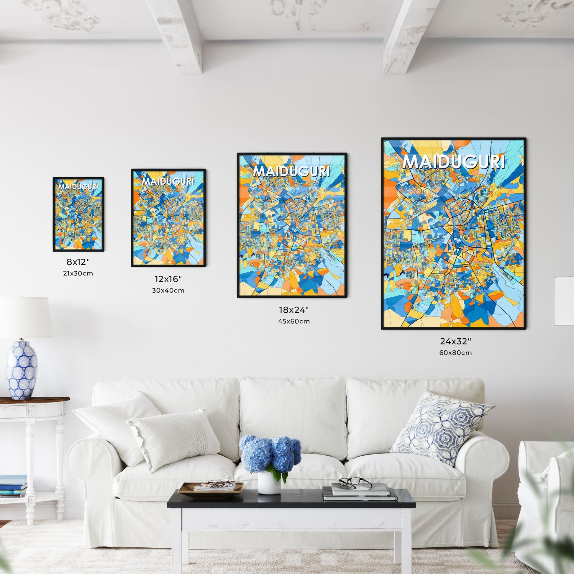 MAIDUGURI NIGERIA Vibrant Colorful Art Map Poster Blue Orange