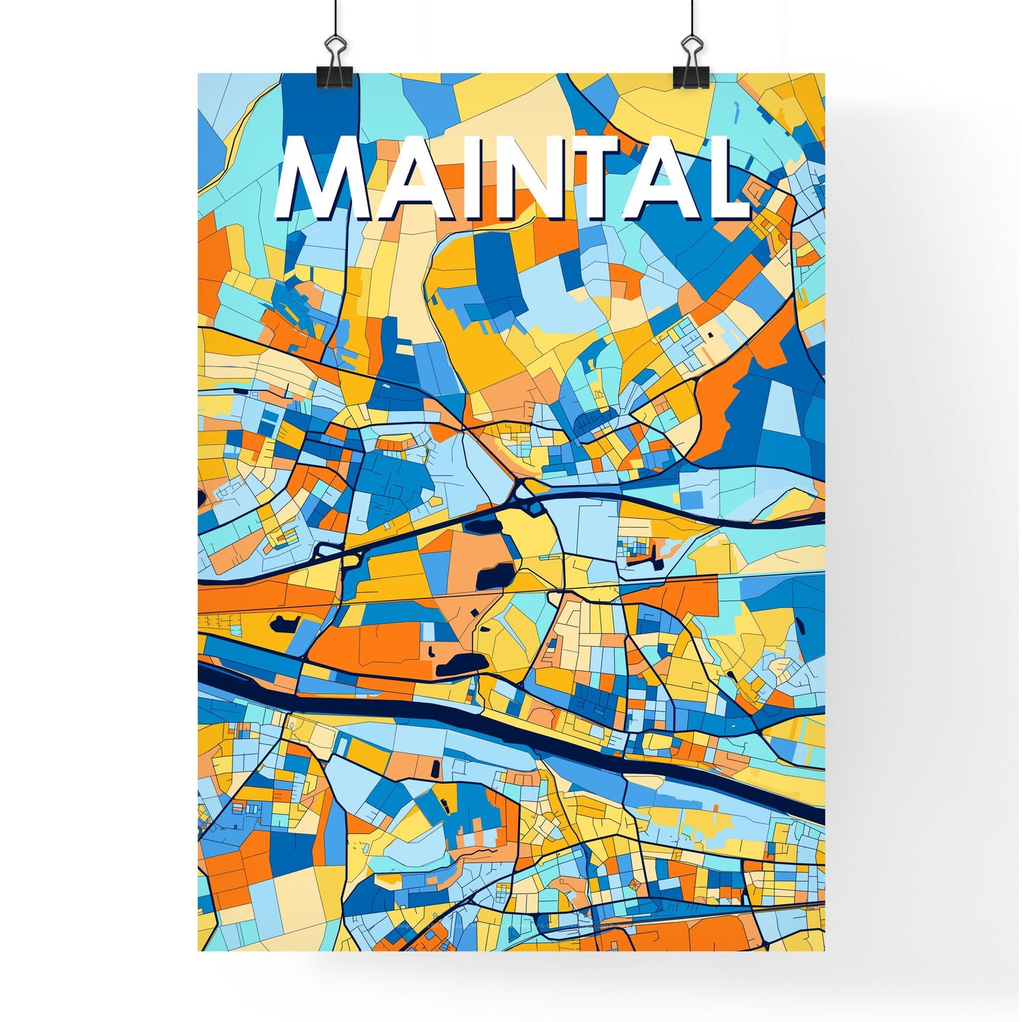 MAINTAL GERMANY Vibrant Colorful Art Map Poster Blue Orange