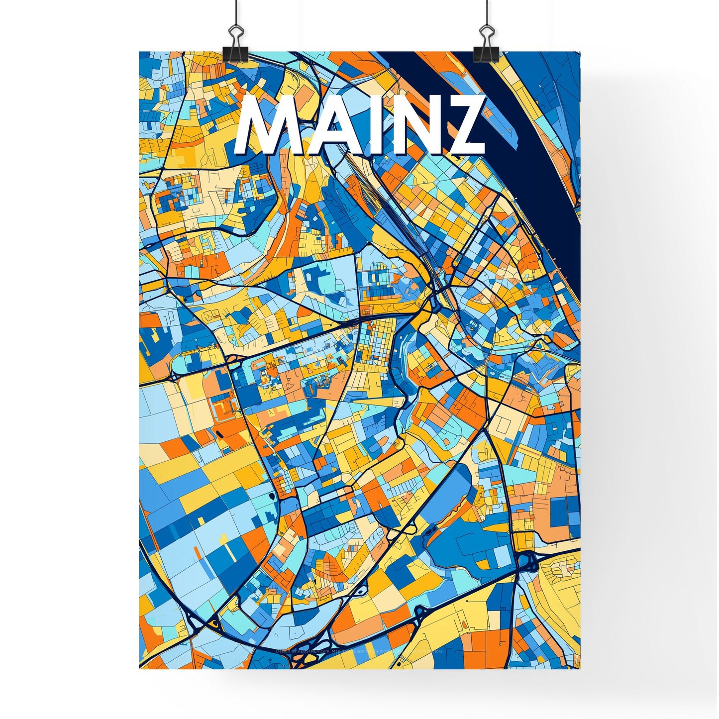 MAINZ GERMANY Vibrant Colorful Art Map Poster Blue Orange