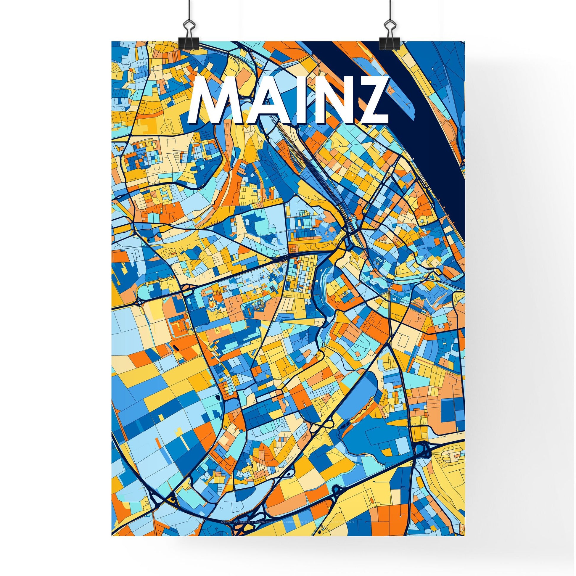 MAINZ GERMANY Vibrant Colorful Art Map Poster Blue Orange