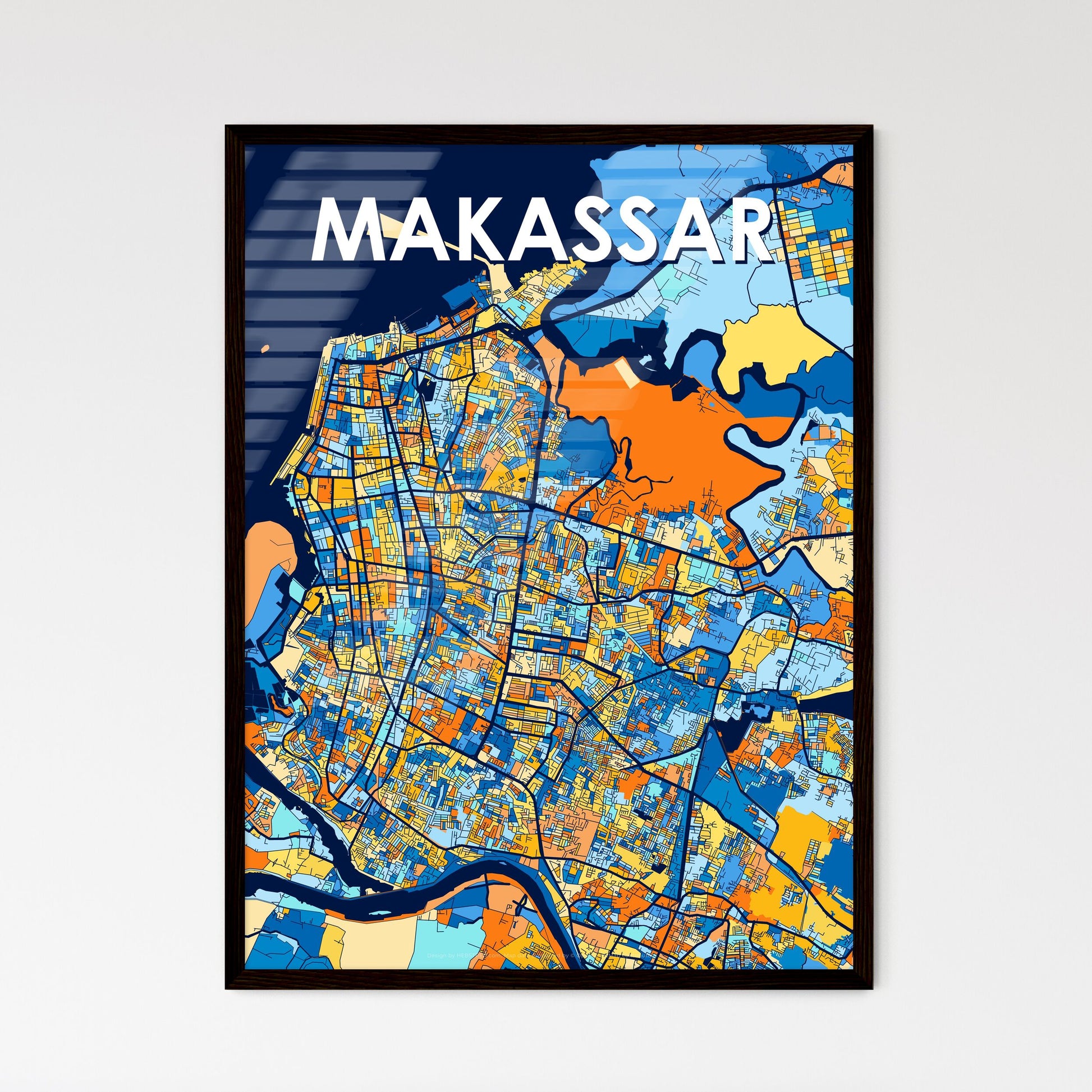 MAKASSAR INDONESIA Vibrant Colorful Art Map Poster Blue Orange