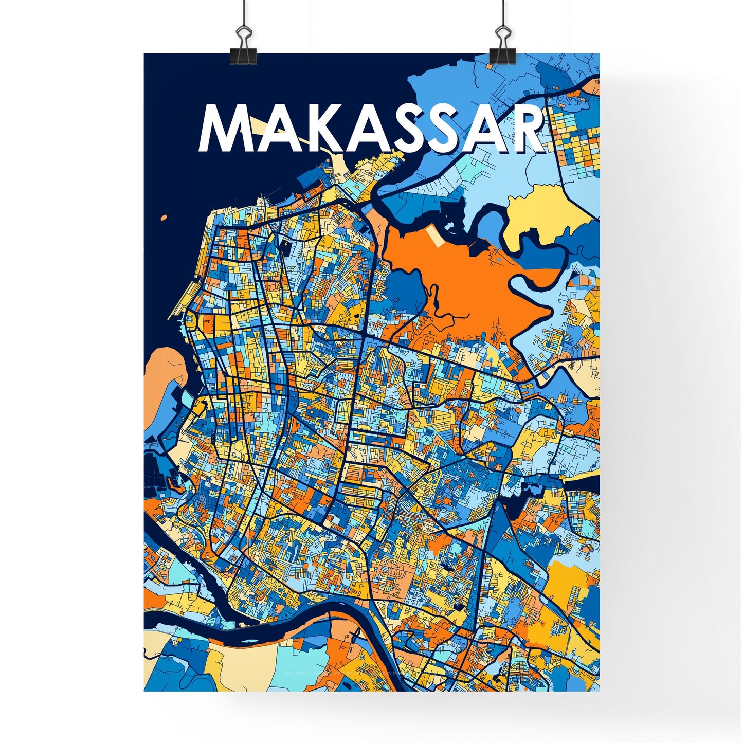 MAKASSAR INDONESIA Vibrant Colorful Art Map Poster Blue Orange