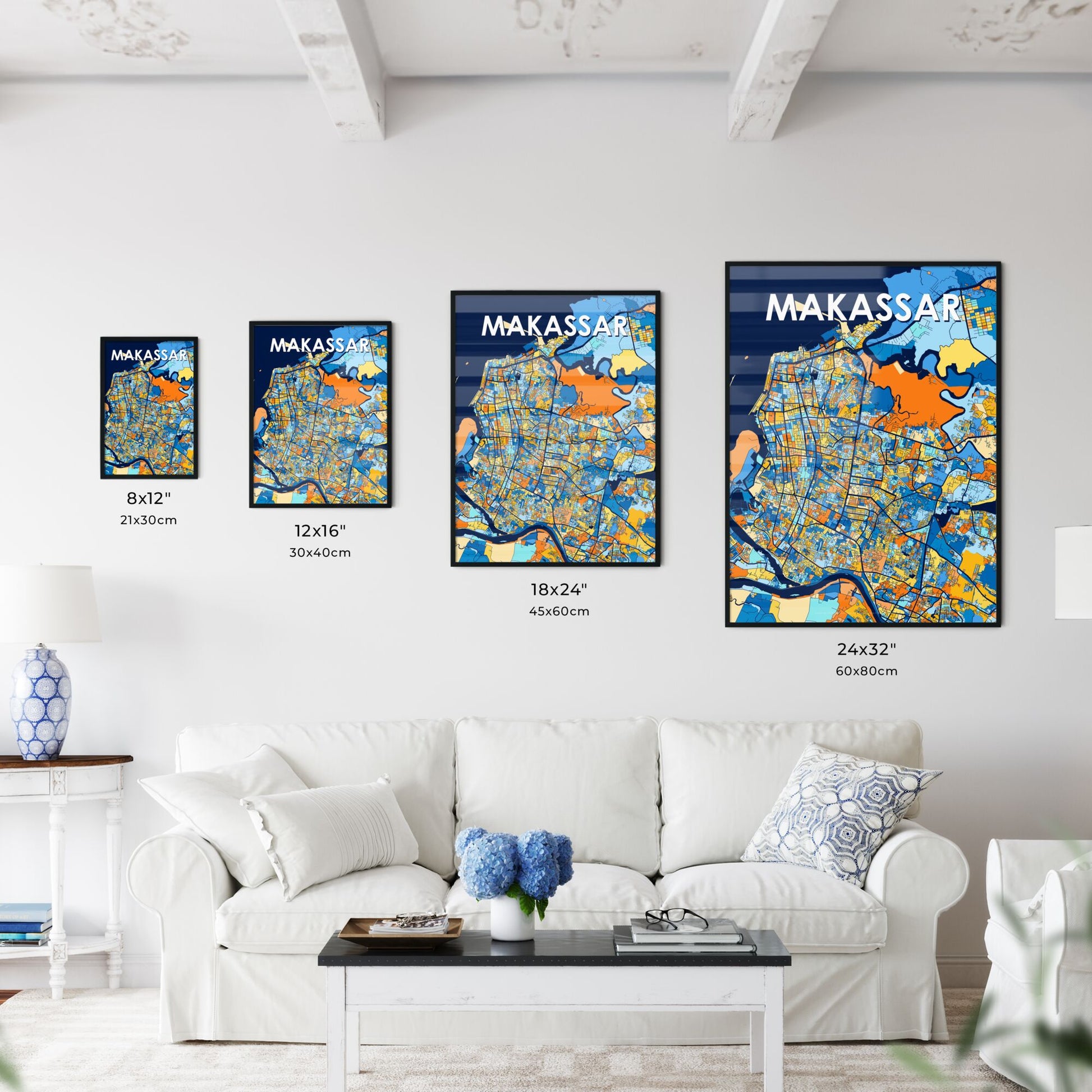 MAKASSAR INDONESIA Vibrant Colorful Art Map Poster Blue Orange