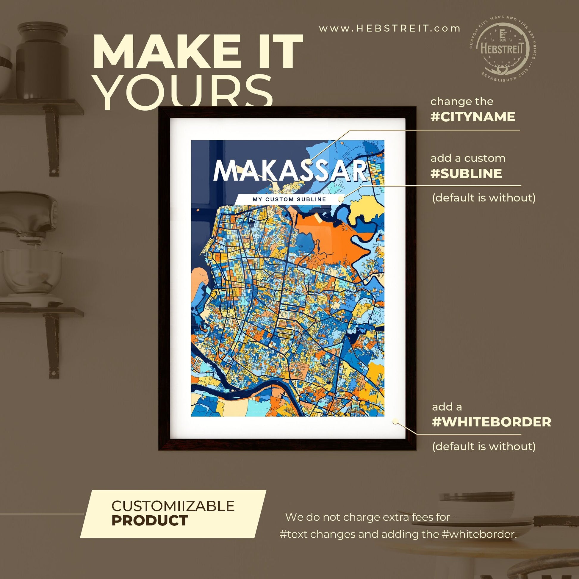 MAKASSAR INDONESIA Vibrant Colorful Art Map Poster Blue Orange