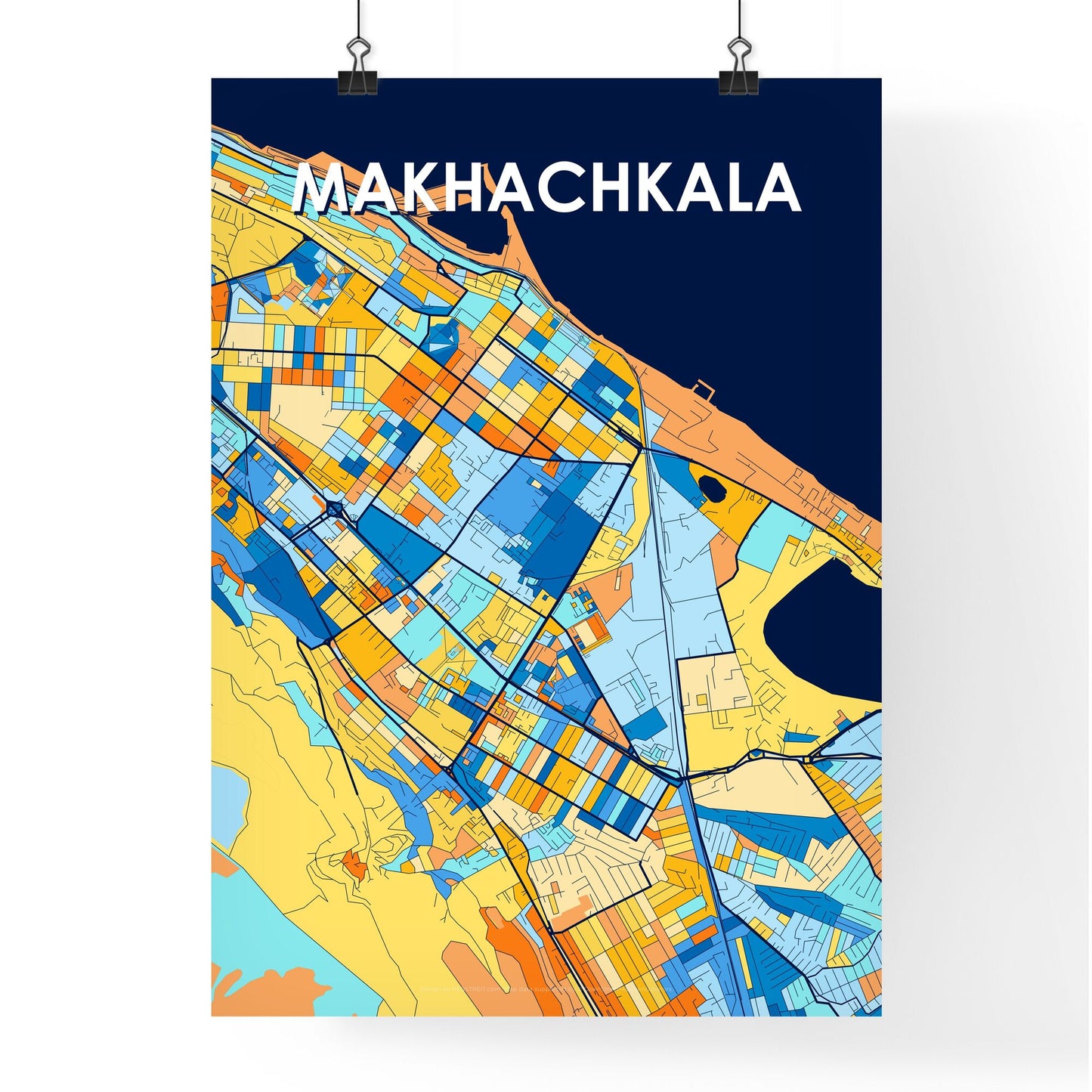 MAKHACHKALA RUSSIA Vibrant Colorful Art Map Poster Blue Orange