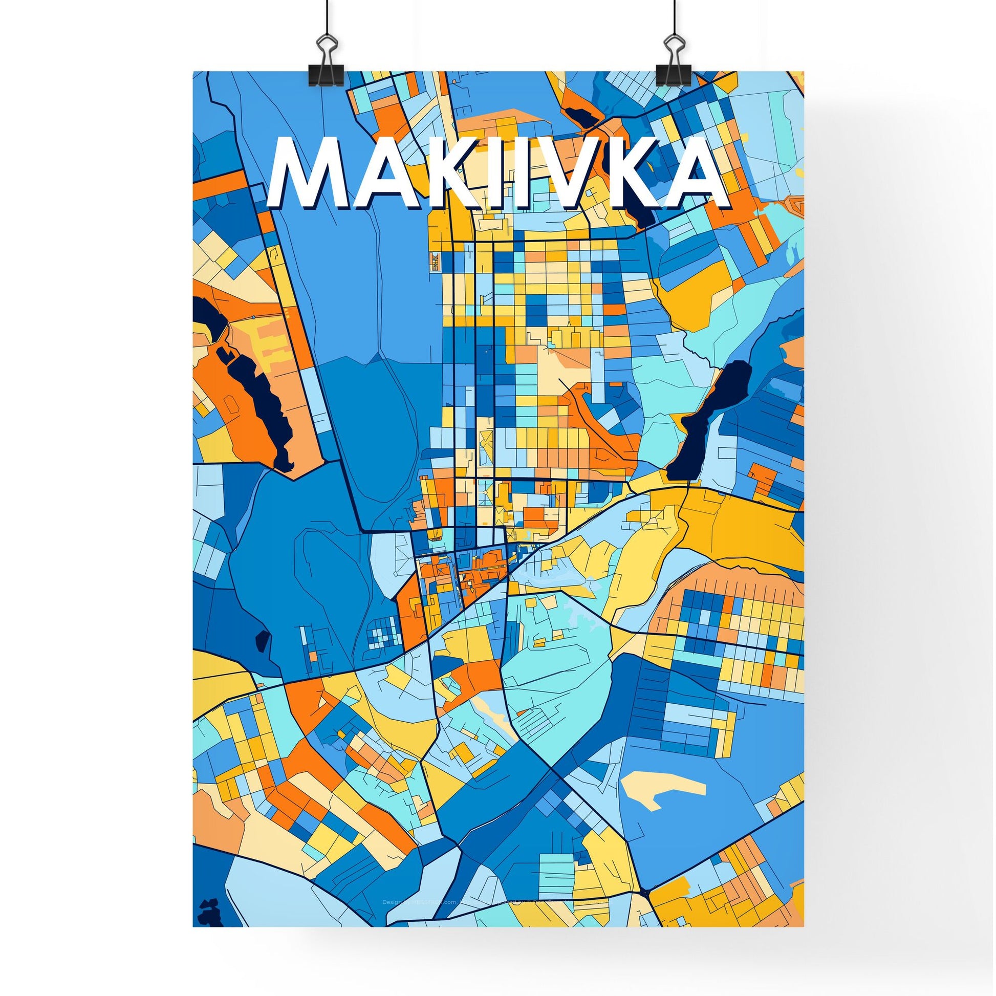 MAKIIVKA UKRAINE Vibrant Colorful Art Map Poster Blue Orange