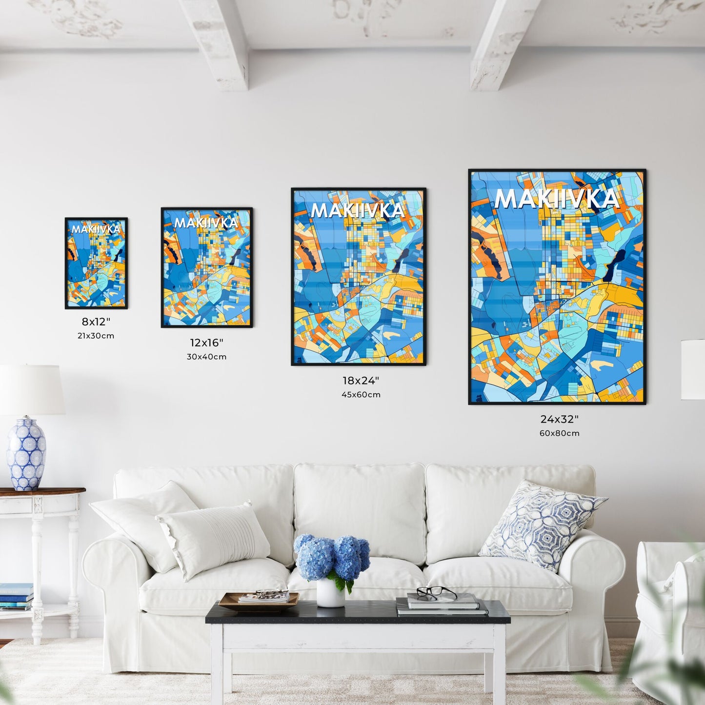 MAKIIVKA UKRAINE Vibrant Colorful Art Map Poster Blue Orange