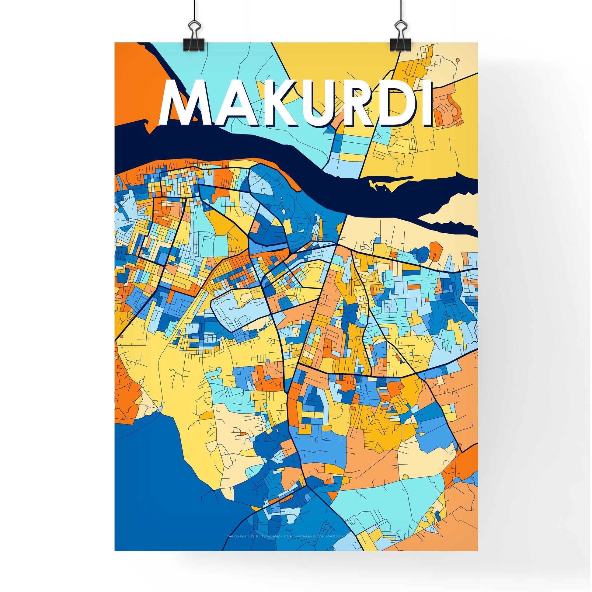 MAKURDI NIGERIA Vibrant Colorful Art Map Poster Blue Orange