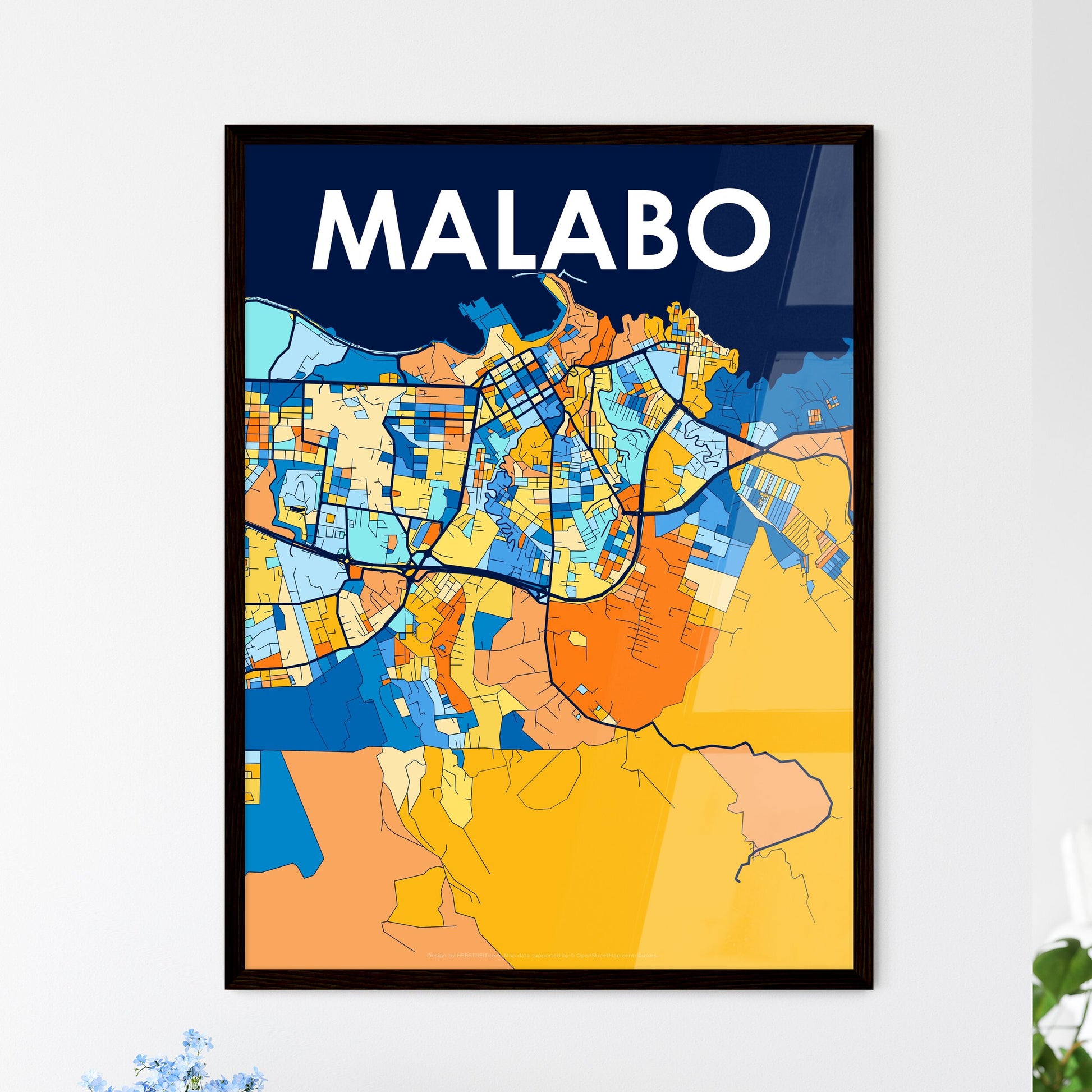 MALABO EQUATORIAL GUINEA Vibrant Colorful Art Map Poster Blue Orange