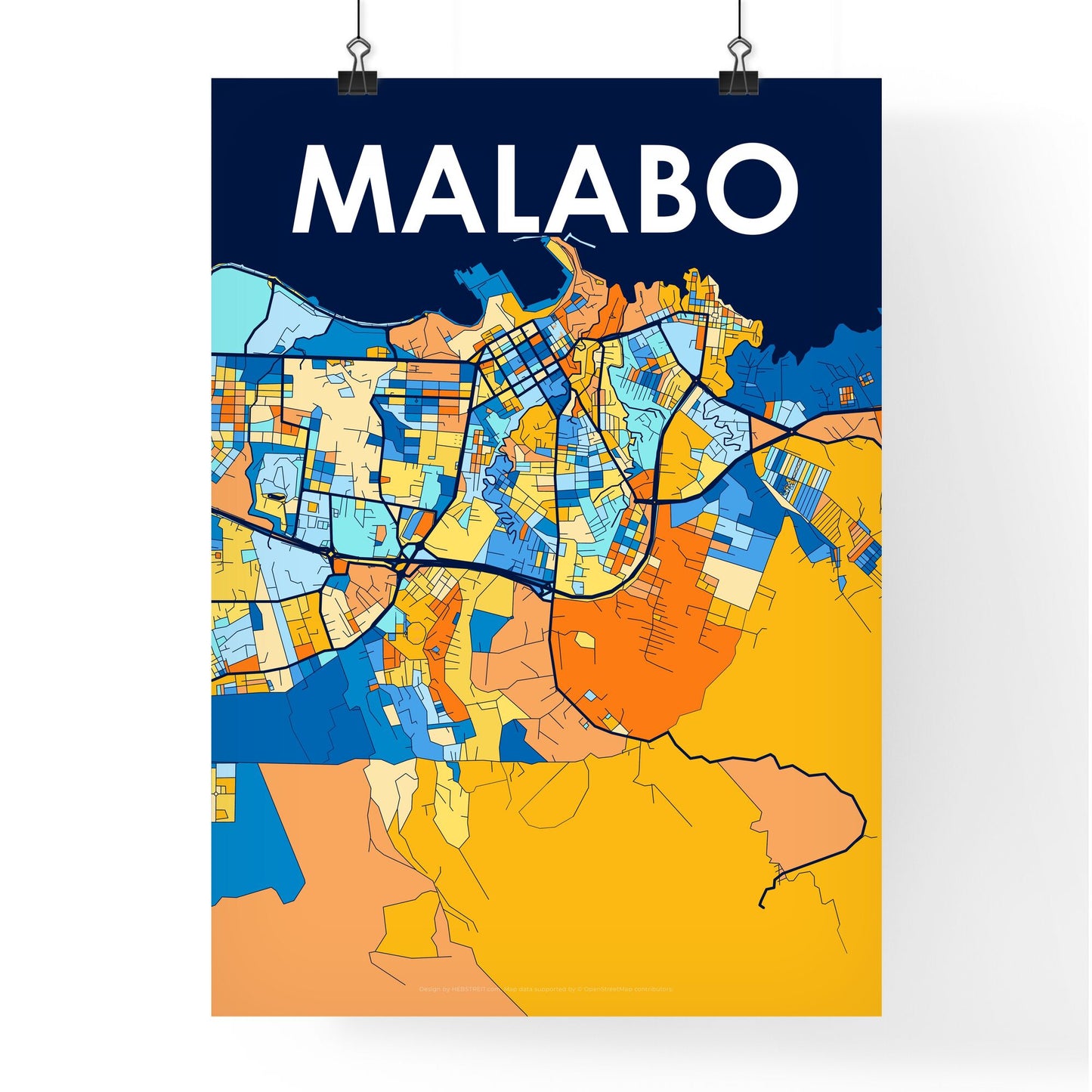 MALABO EQUATORIAL GUINEA Vibrant Colorful Art Map Poster Blue Orange