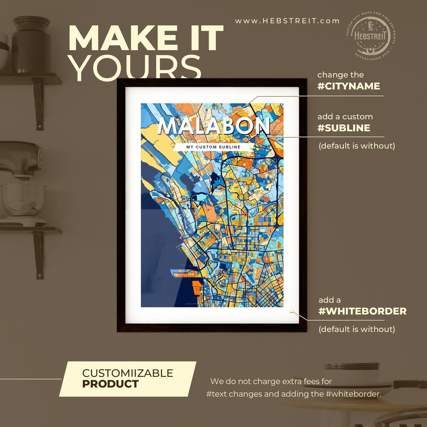 MALABON PHILIPPINES Vibrant Colorful Art Map Poster Blue Orange