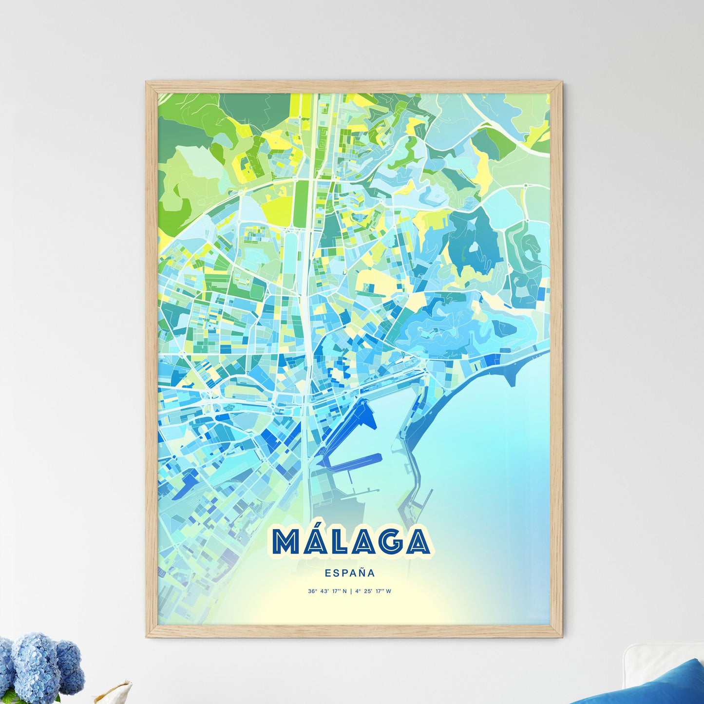 Colorful Málaga Spain Fine Art Map Cool Blue