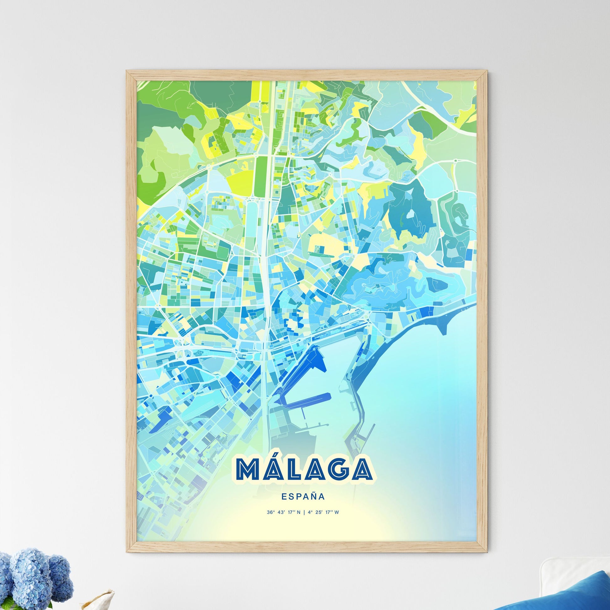 Colorful Málaga Spain Fine Art Map Cool Blue