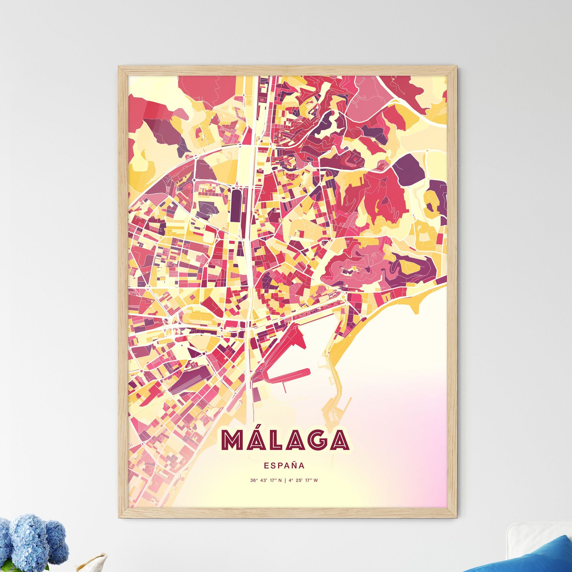 Colorful Málaga Spain Fine Art Map Hot Red