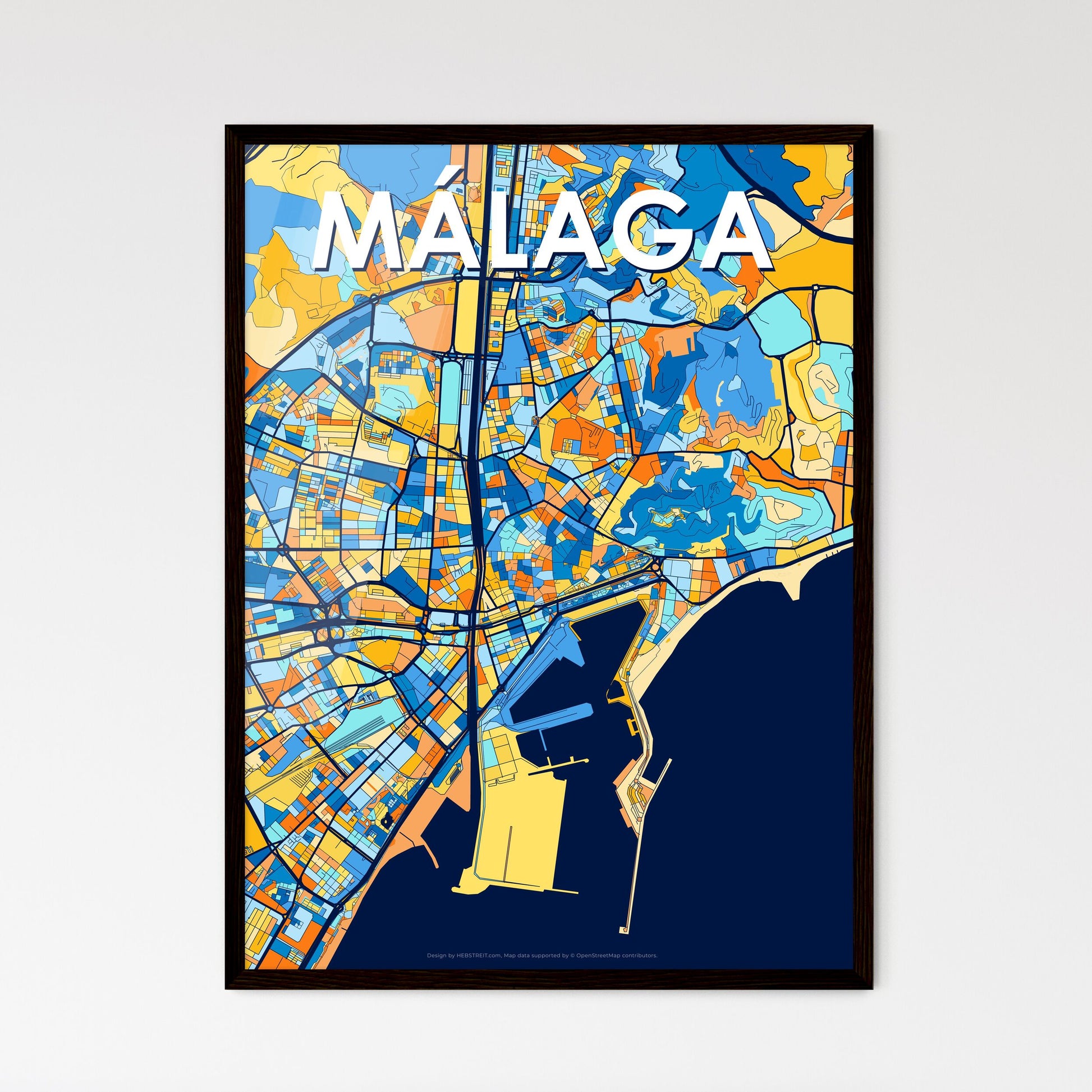 MÁLAGA SPAIN Vibrant Colorful Art Map Poster Blue Orange