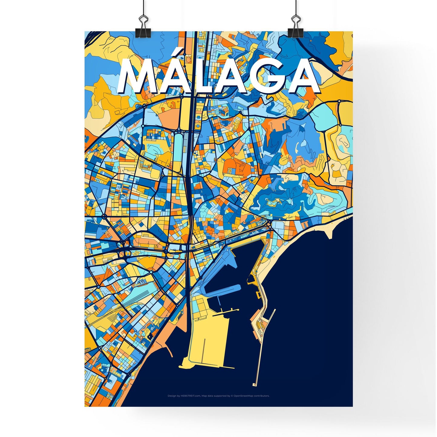 MÁLAGA SPAIN Vibrant Colorful Art Map Poster Blue Orange