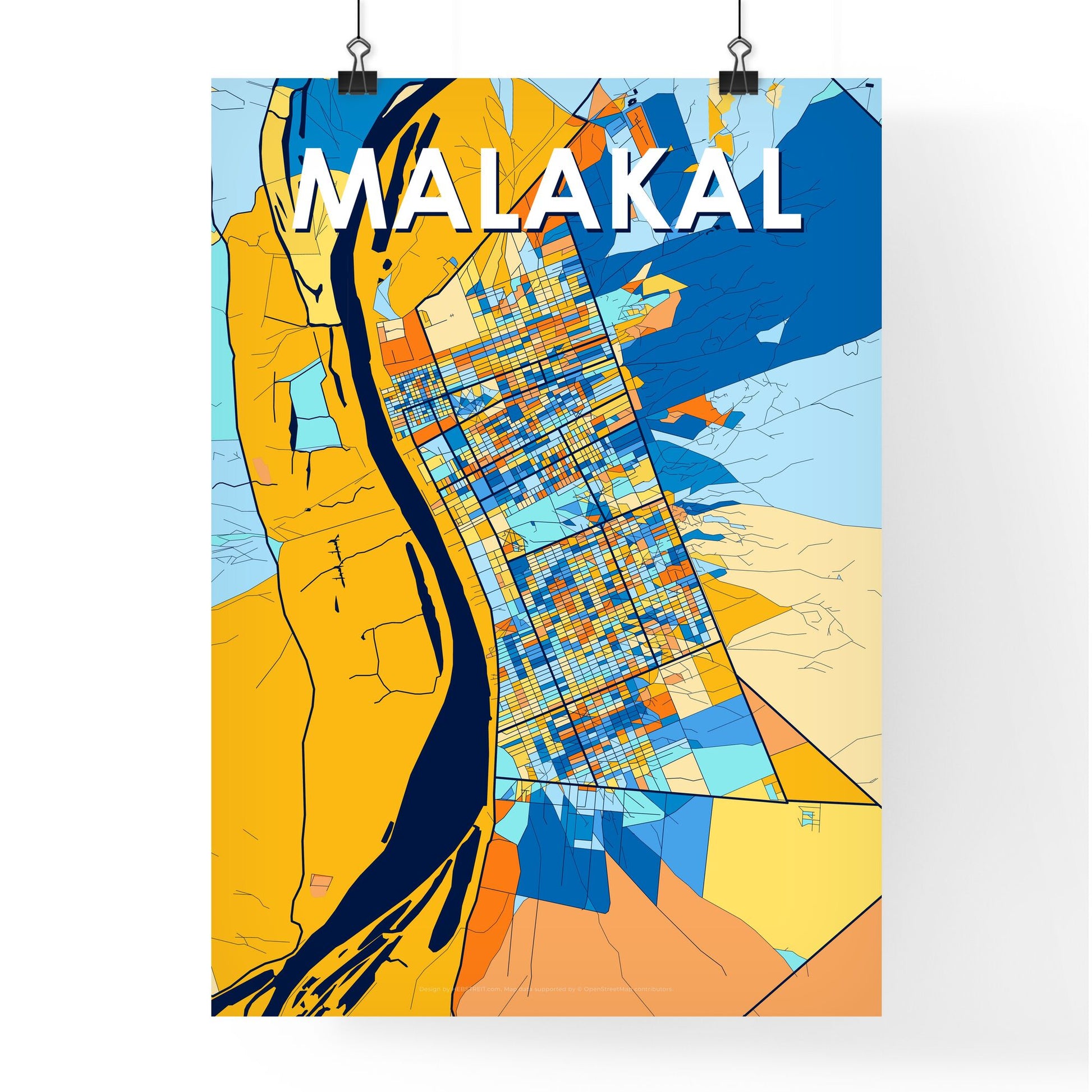 MALAKAL SOUTH SUDAN Vibrant Colorful Art Map Poster Blue Orange