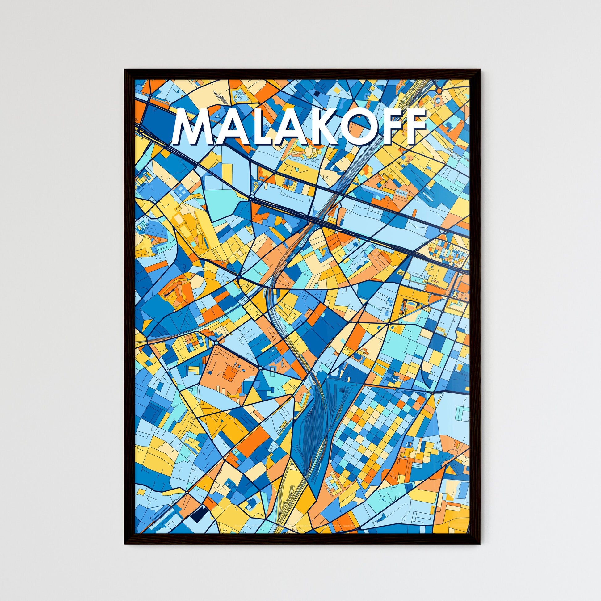 MALAKOFF FRANCE Vibrant Colorful Art Map Poster Blue Orange