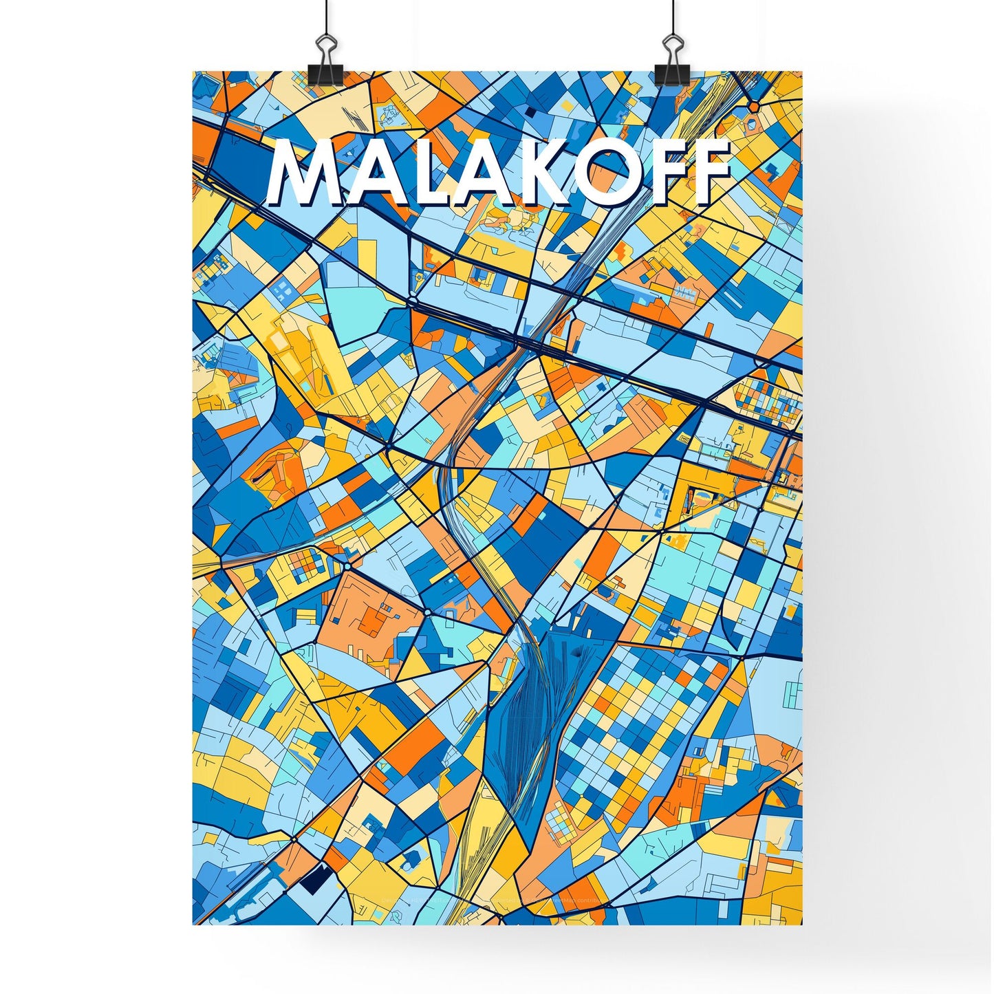 MALAKOFF FRANCE Vibrant Colorful Art Map Poster Blue Orange