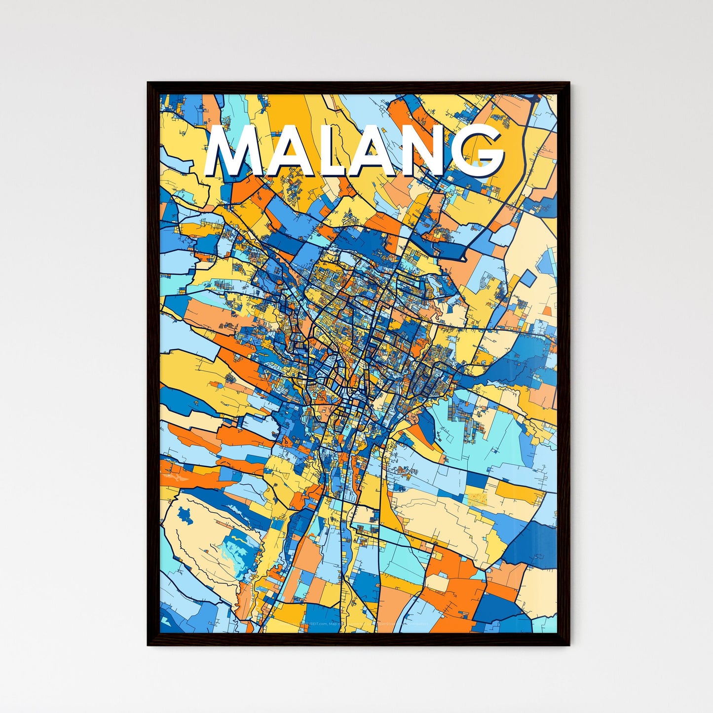 MALANG INDONESIA Vibrant Colorful Art Map Poster Blue Orange