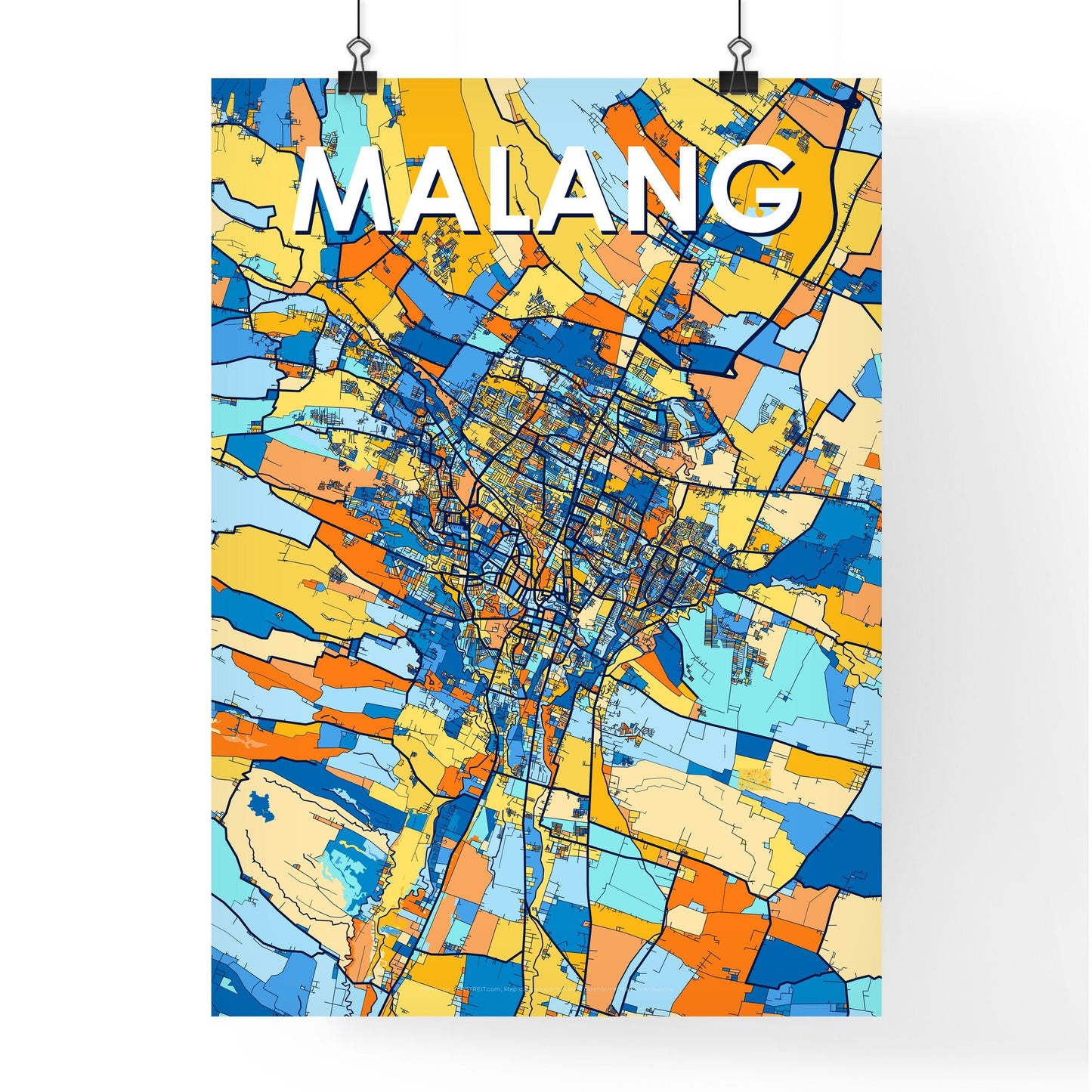 MALANG INDONESIA Vibrant Colorful Art Map Poster Blue Orange