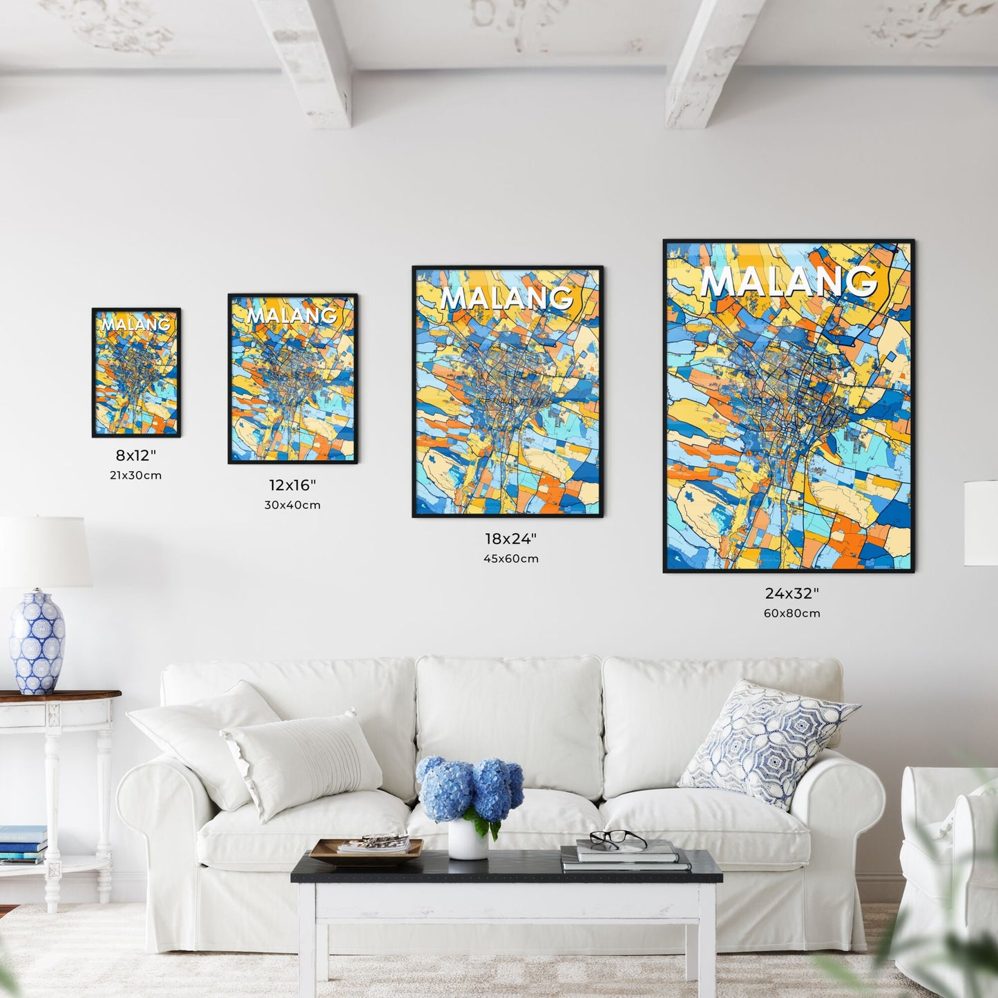 MALANG INDONESIA Vibrant Colorful Art Map Poster Blue Orange