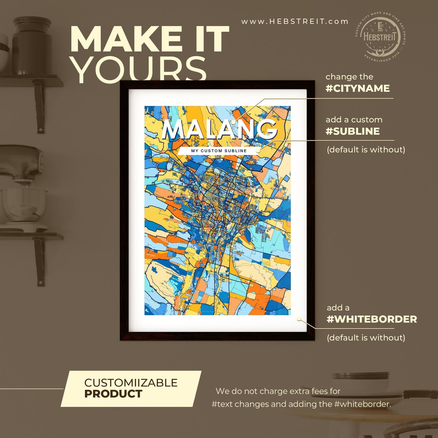 MALANG INDONESIA Vibrant Colorful Art Map Poster Blue Orange