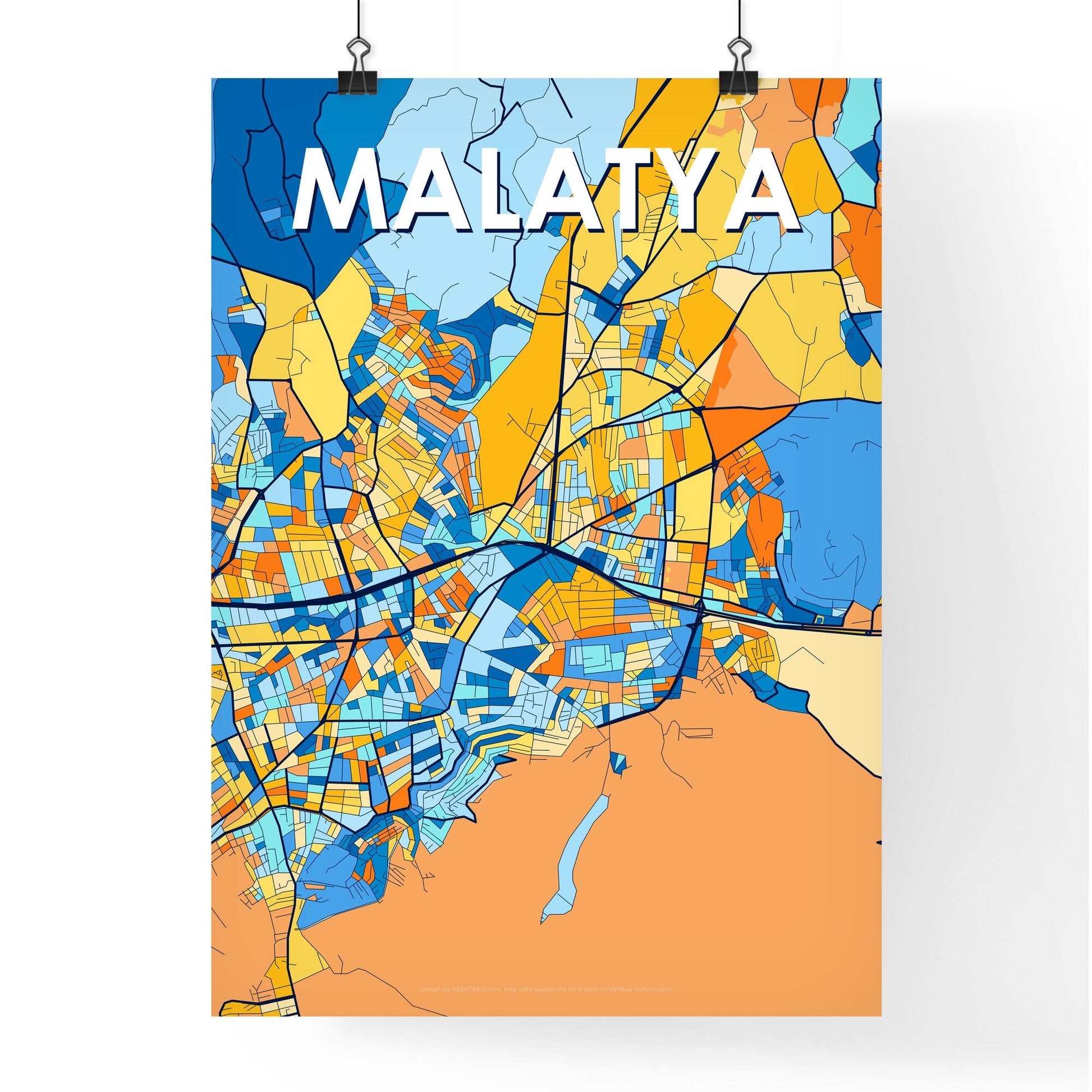 MALATYA TURKEY Vibrant Colorful Art Map Poster Blue Orange