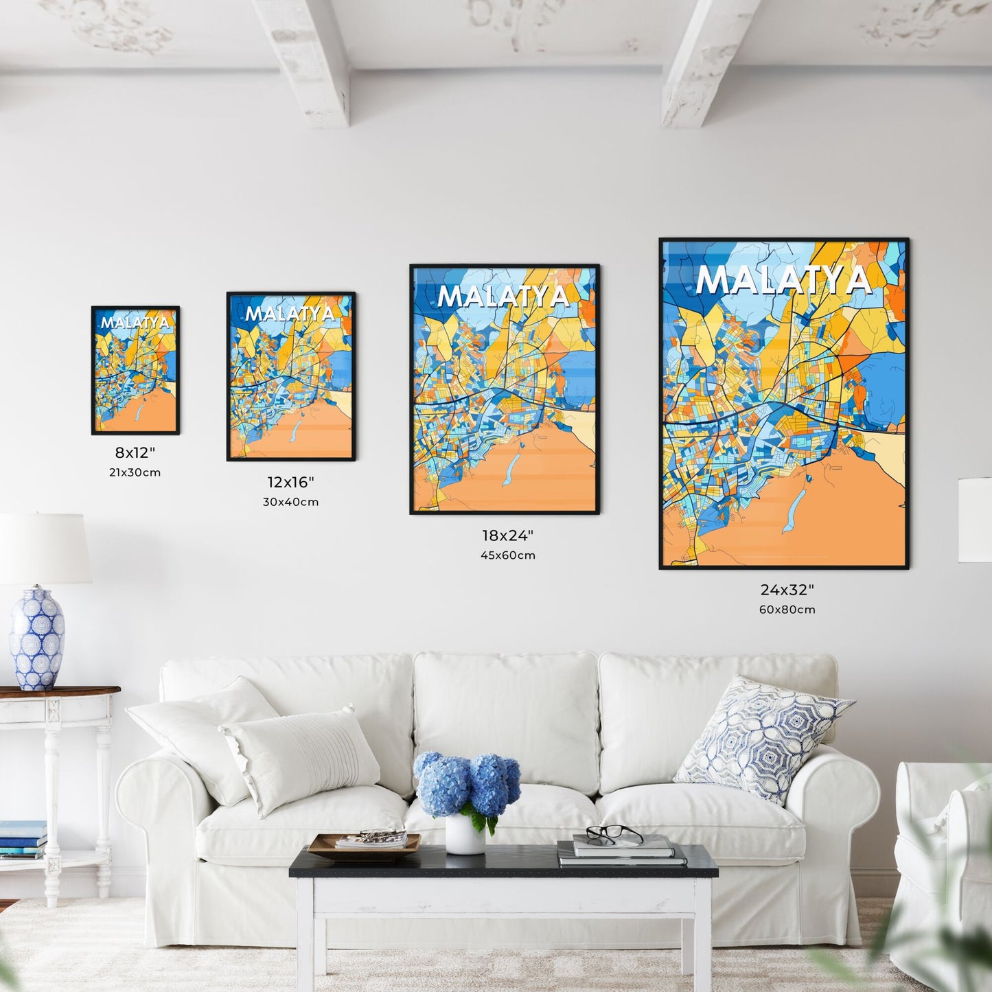 MALATYA TURKEY Vibrant Colorful Art Map Poster Blue Orange