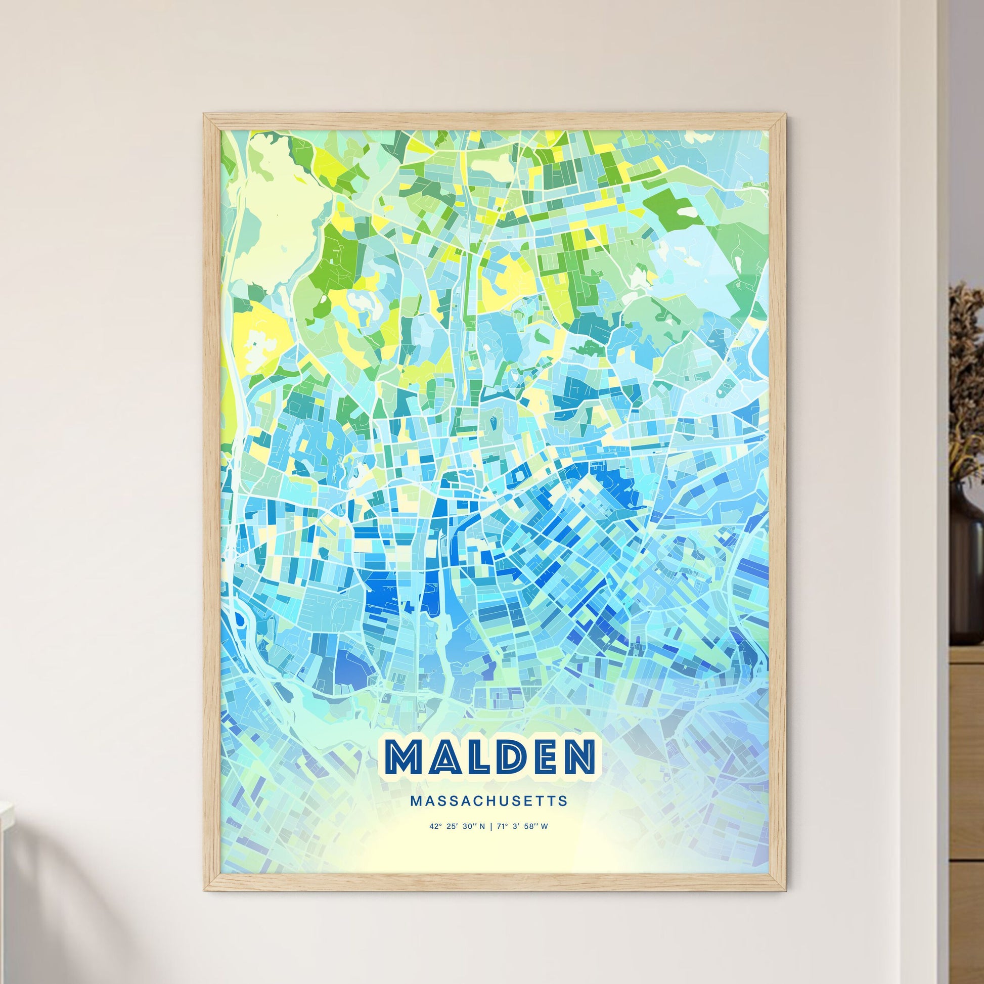Colorful Malden Massachusetts Fine Art Map Cool Blue