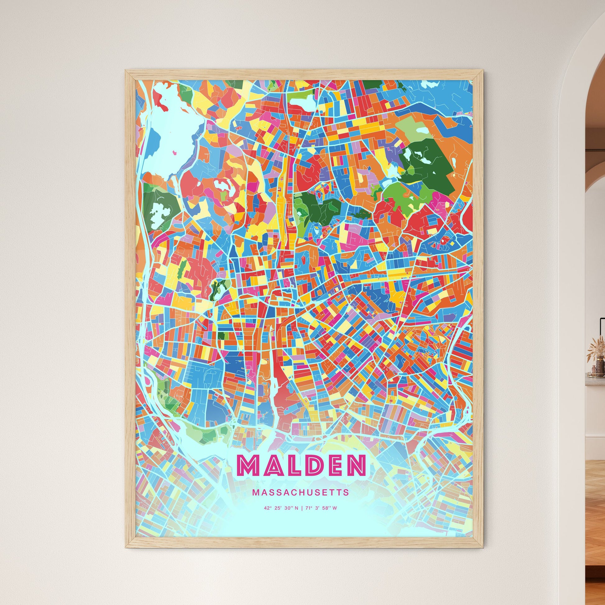 Colorful Malden Massachusetts Fine Art Map Crazy Colors