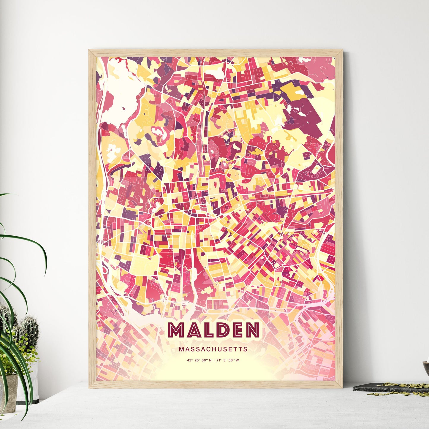 Colorful Malden Massachusetts Fine Art Map Hot Red