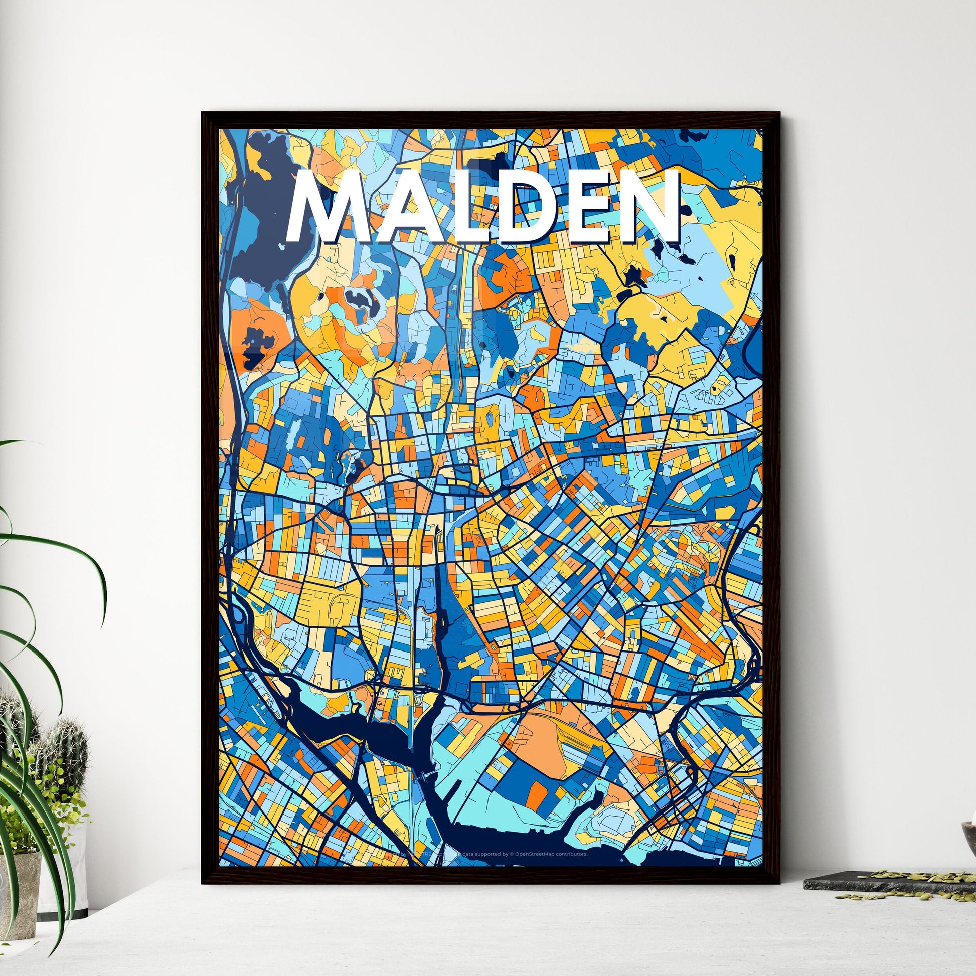 MALDEN MASSACHUSETTS Vibrant Colorful Art Map Poster Blue Orange