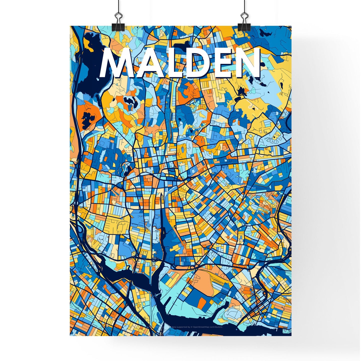 MALDEN MASSACHUSETTS Vibrant Colorful Art Map Poster Blue Orange