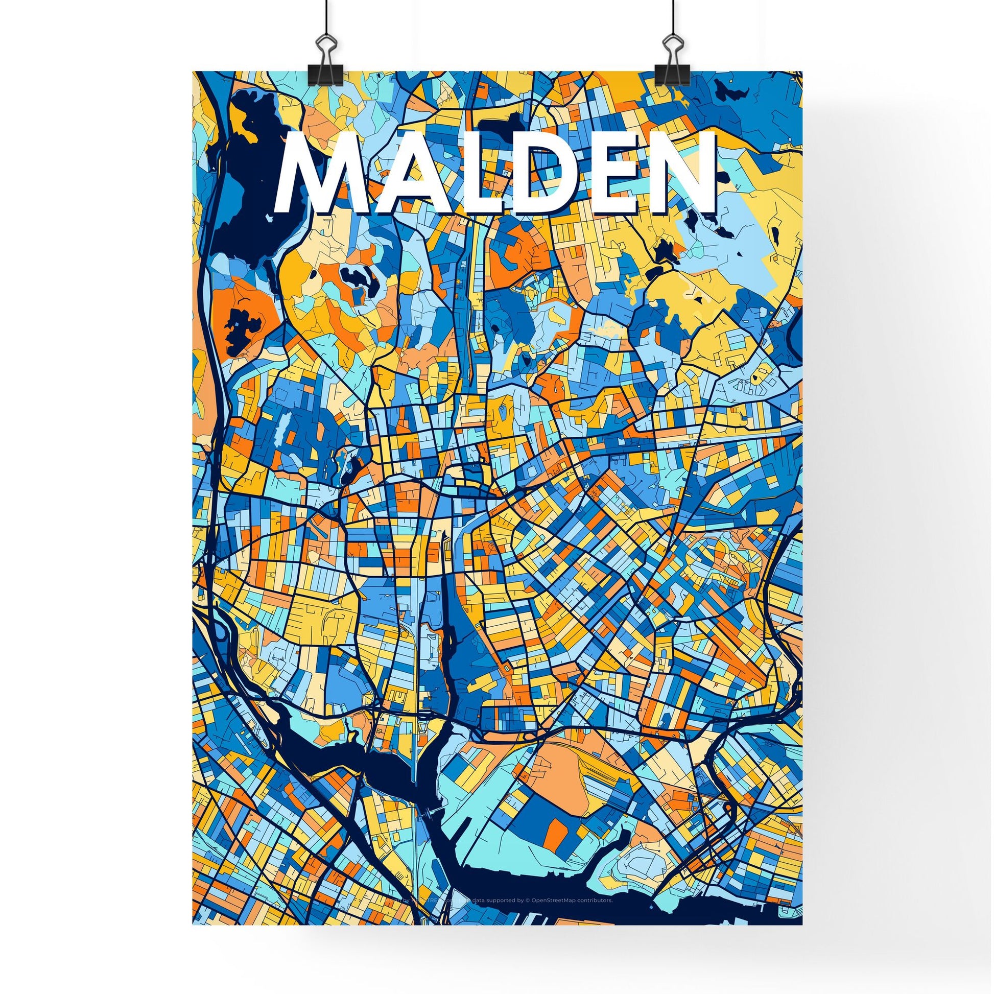 MALDEN MASSACHUSETTS Vibrant Colorful Art Map Poster Blue Orange