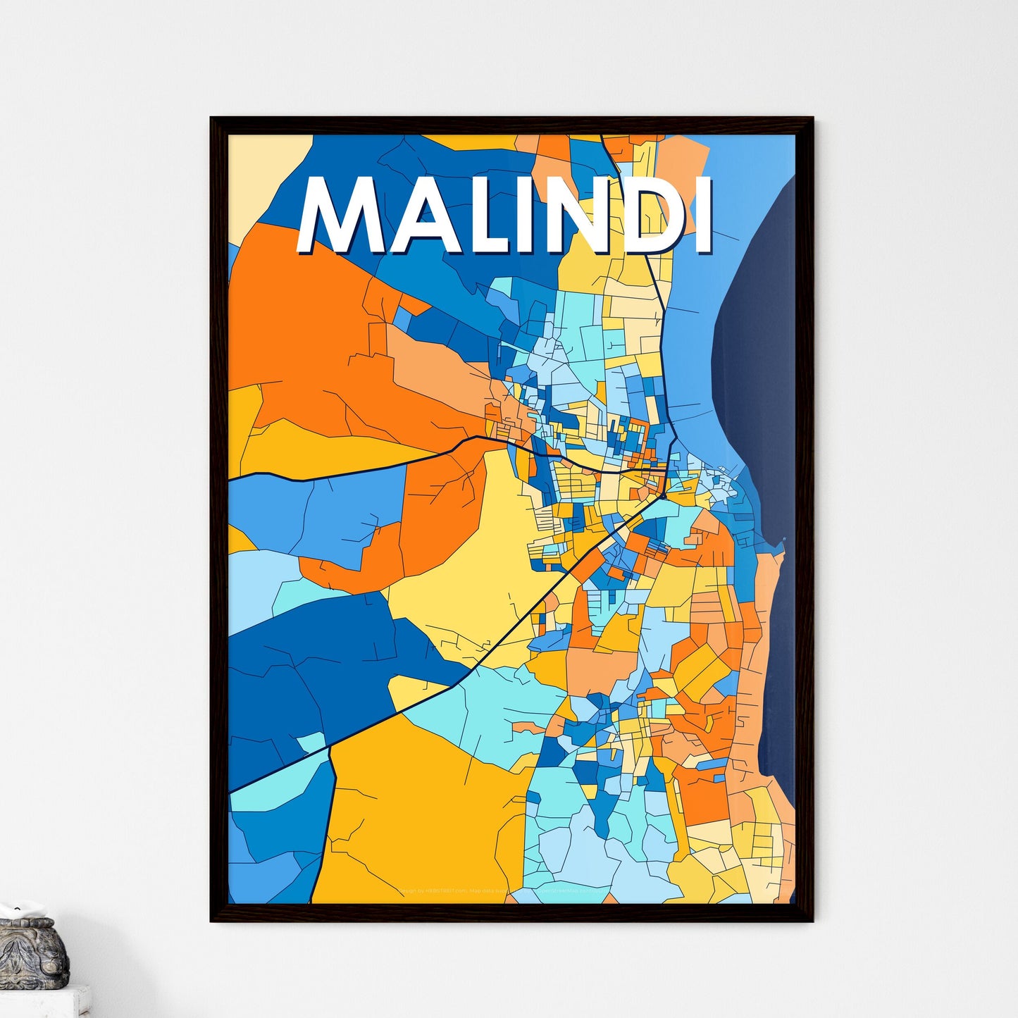 MALINDI KENYA Vibrant Colorful Art Map Poster Blue Orange