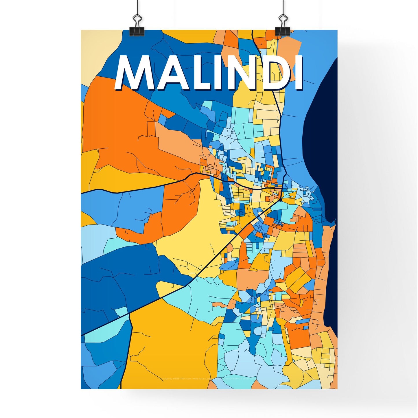 MALINDI KENYA Vibrant Colorful Art Map Poster Blue Orange