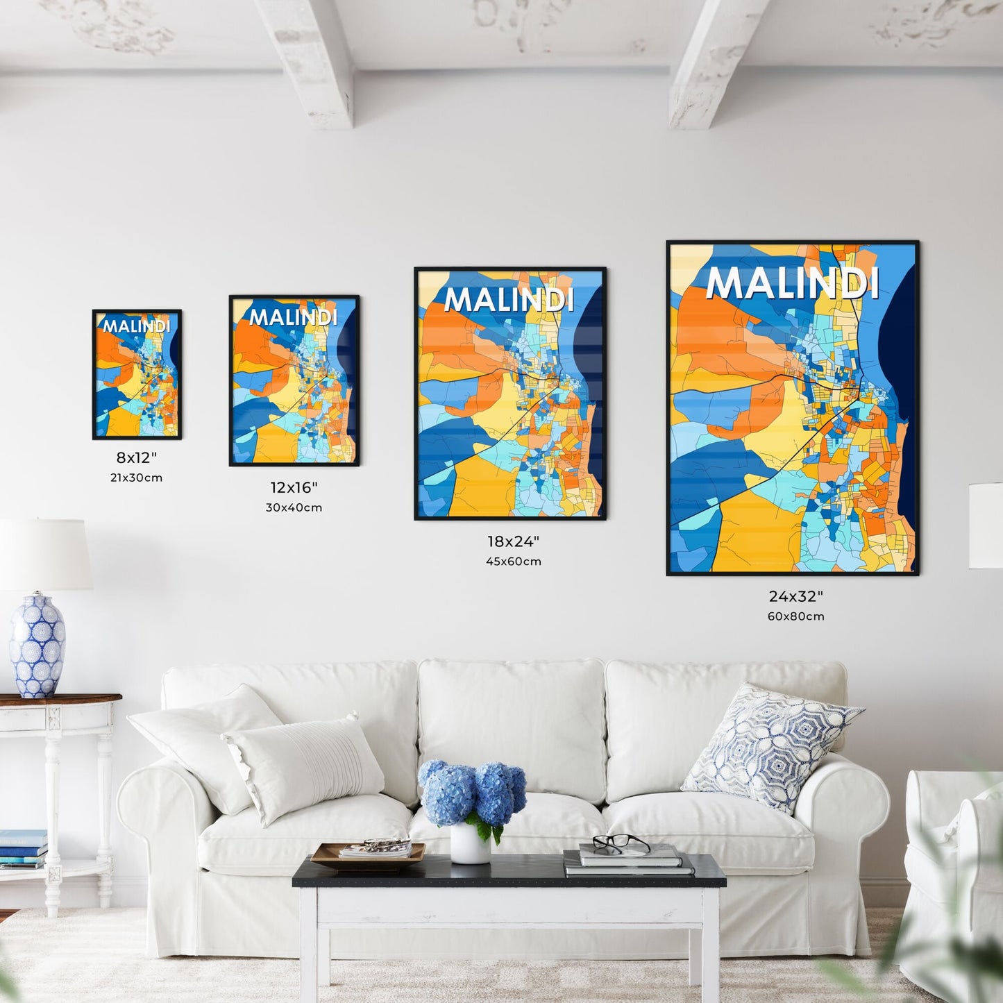 MALINDI KENYA Vibrant Colorful Art Map Poster Blue Orange