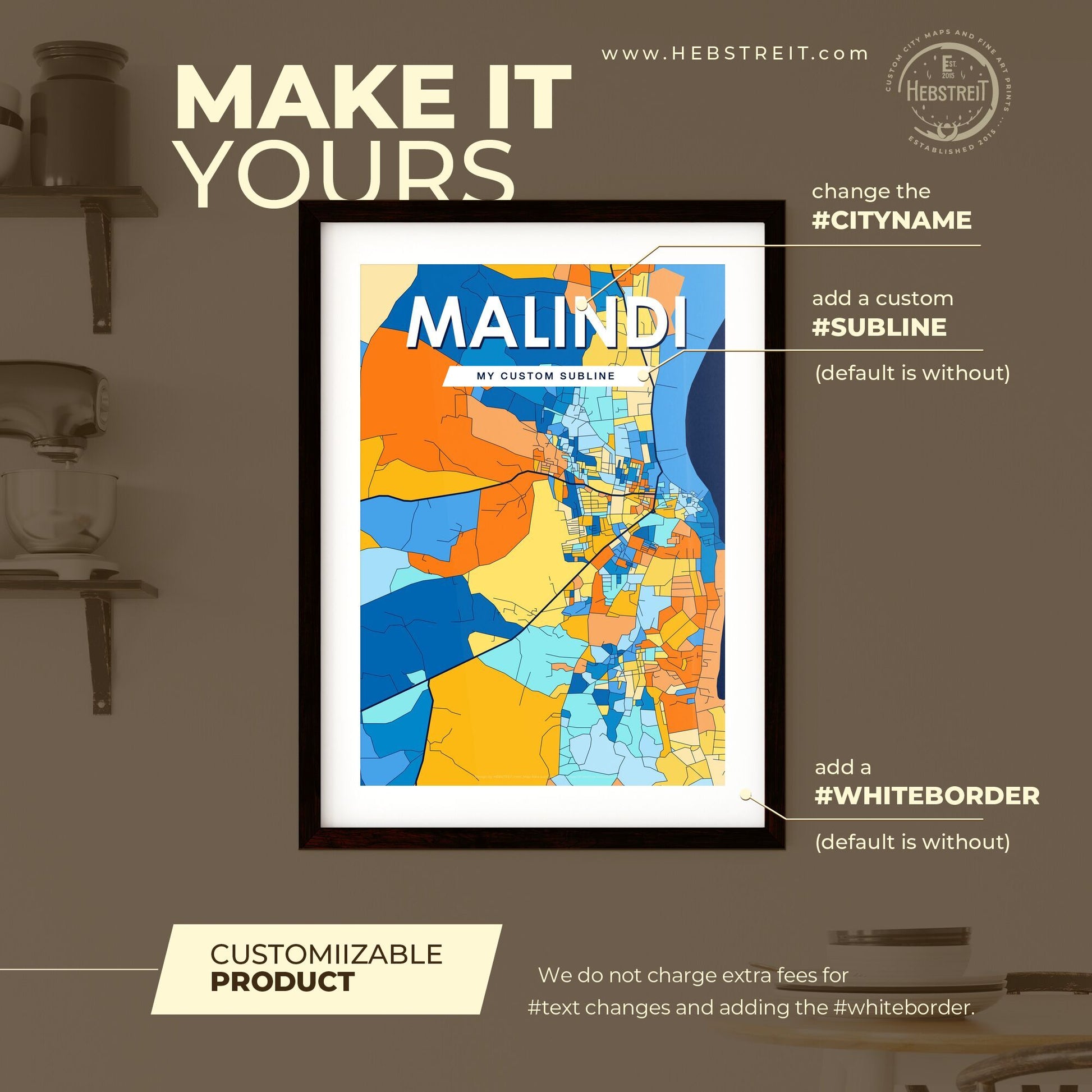 MALINDI KENYA Vibrant Colorful Art Map Poster Blue Orange