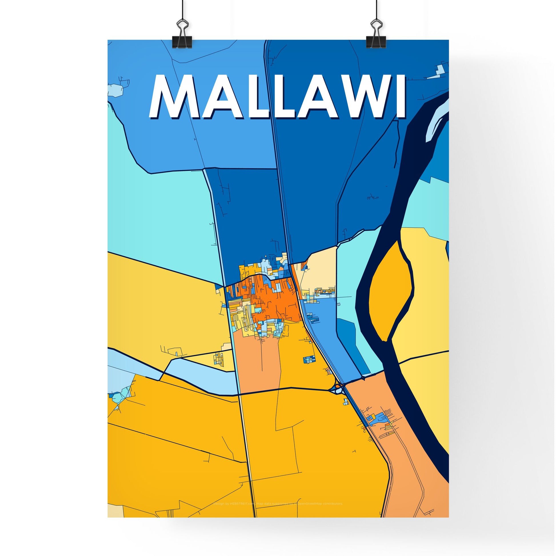 MALLAWI EGYPT Vibrant Colorful Art Map Poster Blue Orange