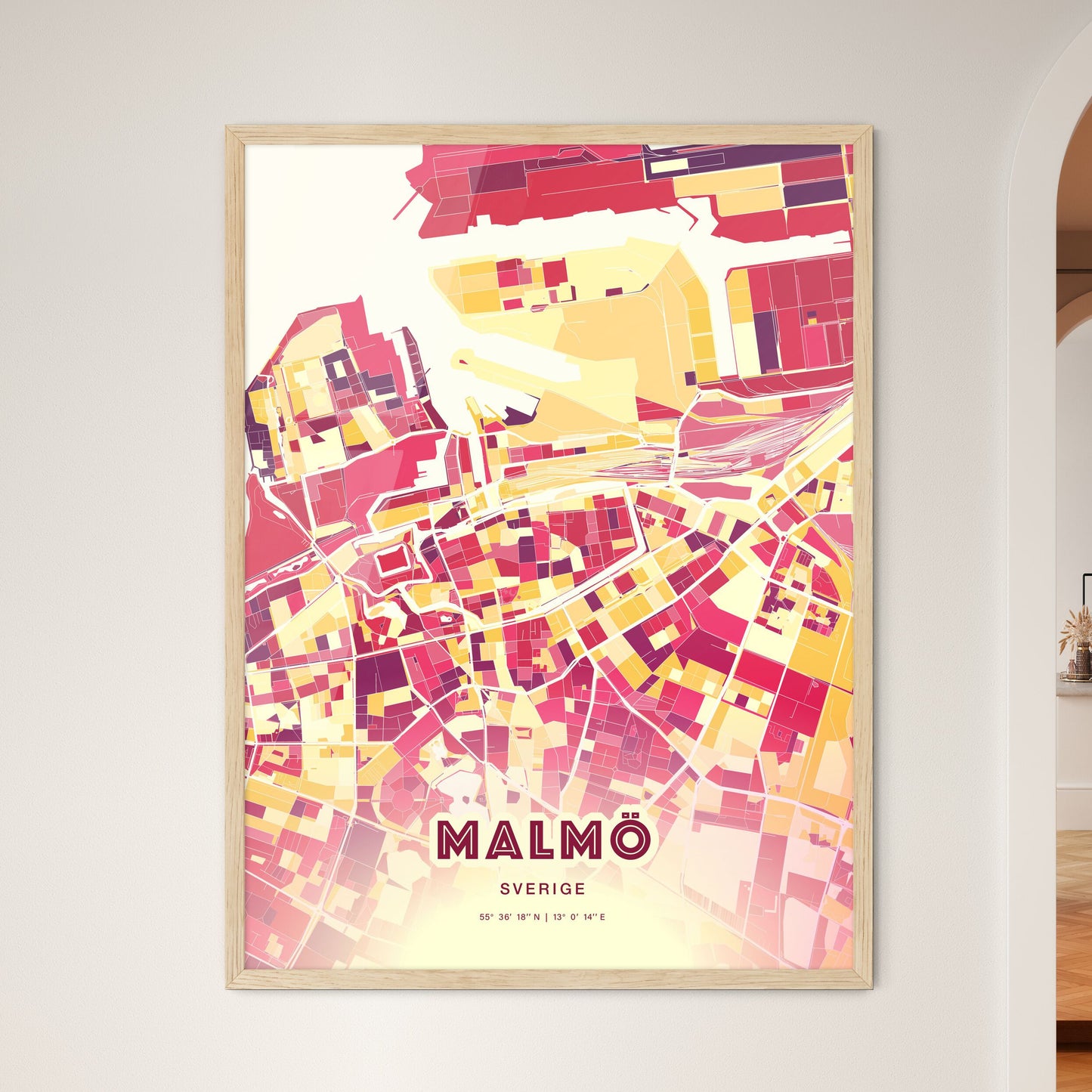 Colorful Malmö Sweden Fine Art Map Hot Red