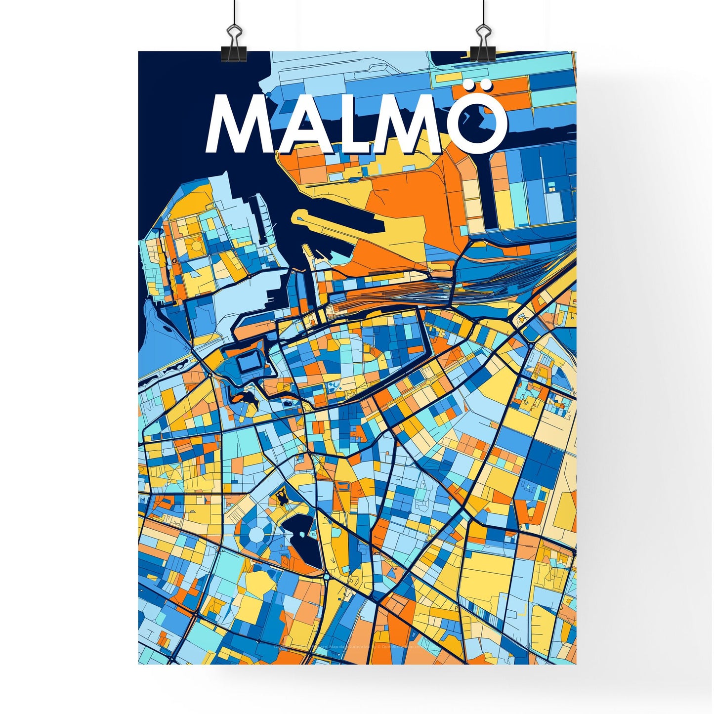 MALMÖ SWEDEN Vibrant Colorful Art Map Poster Blue Orange