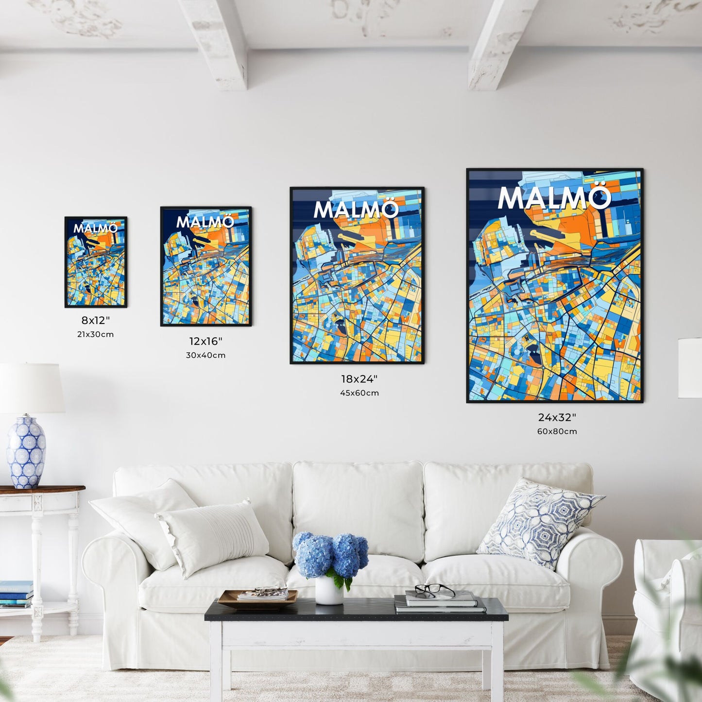 MALMÖ SWEDEN Vibrant Colorful Art Map Poster Blue Orange