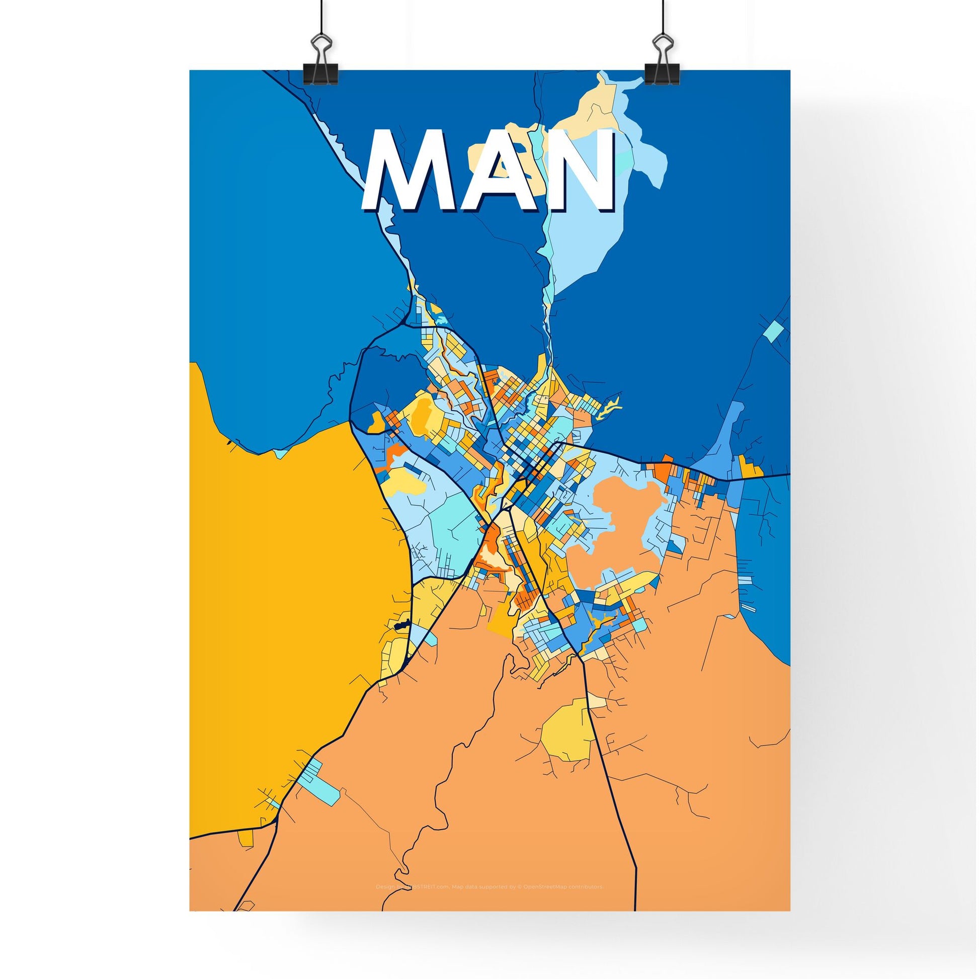 MAN IVORY COAST Vibrant Colorful Art Map Poster Blue Orange