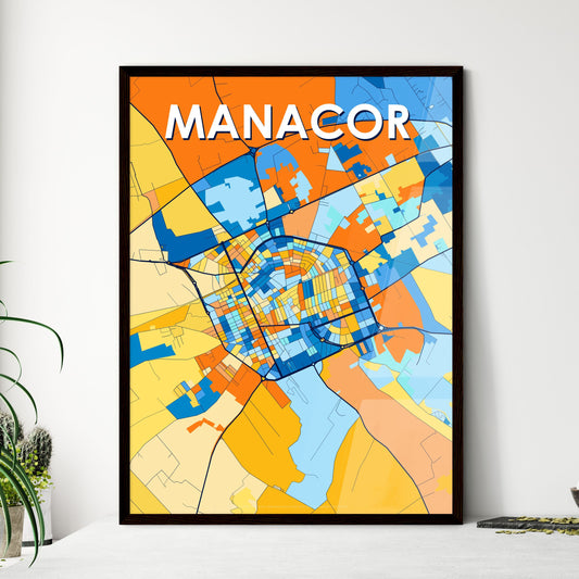 MANACOR SPAIN Vibrant Colorful Art Map Poster Blue Orange