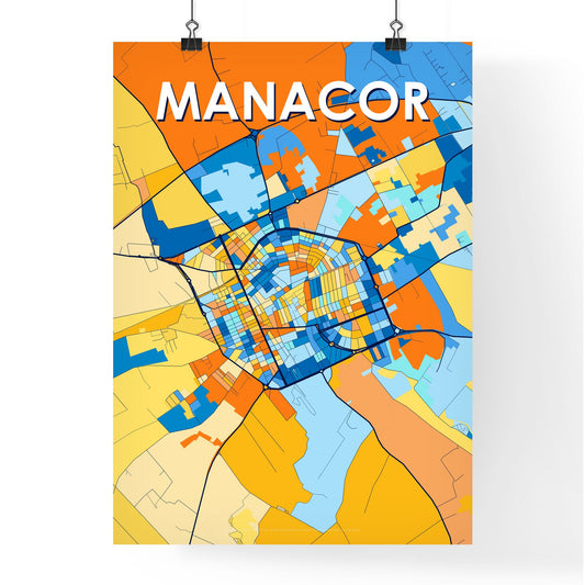 MANACOR SPAIN Vibrant Colorful Art Map Poster Blue Orange