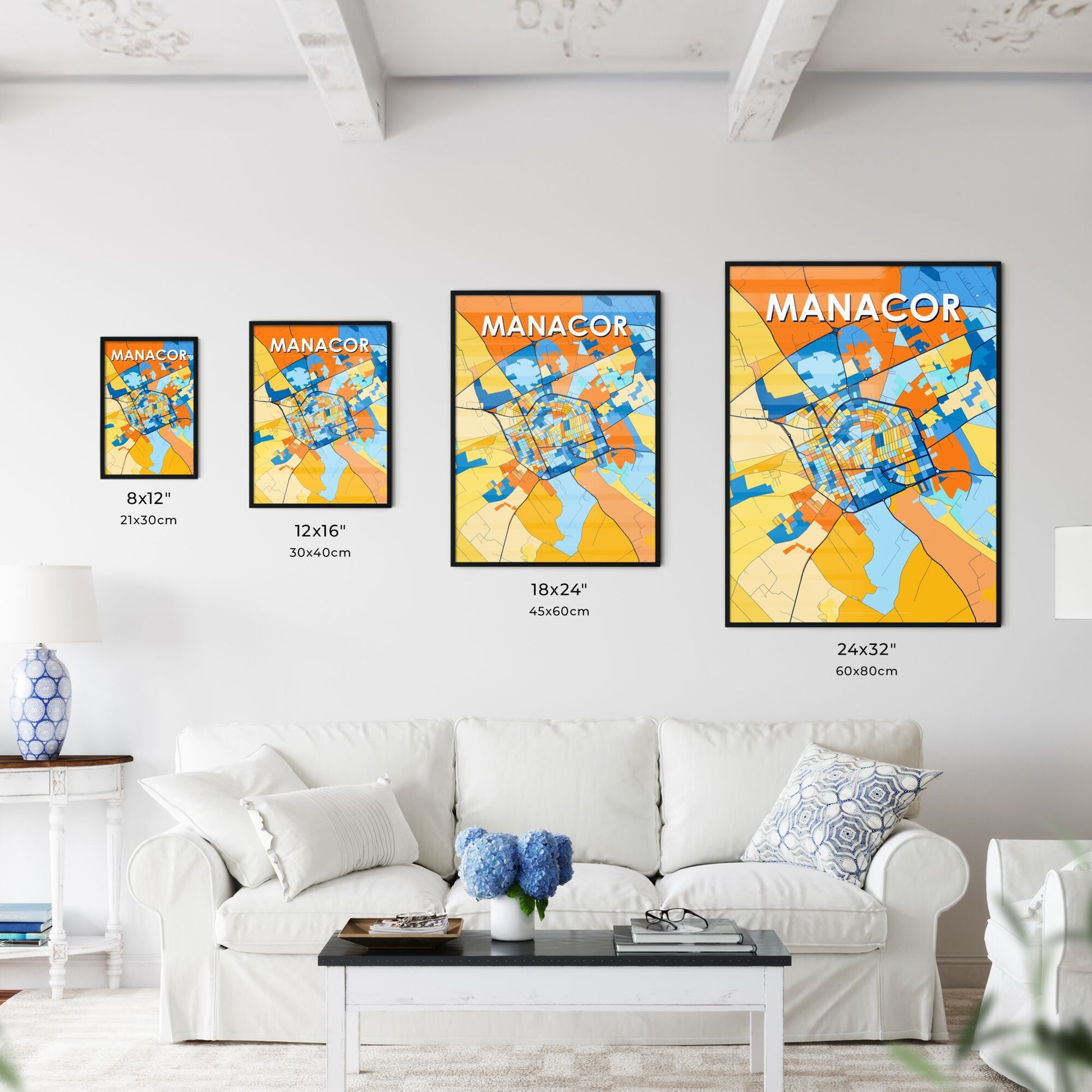 MANACOR SPAIN Vibrant Colorful Art Map Poster Blue Orange