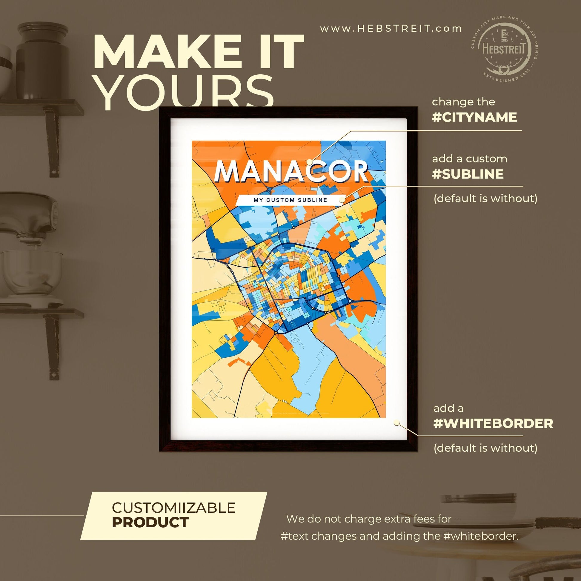 MANACOR SPAIN Vibrant Colorful Art Map Poster Blue Orange