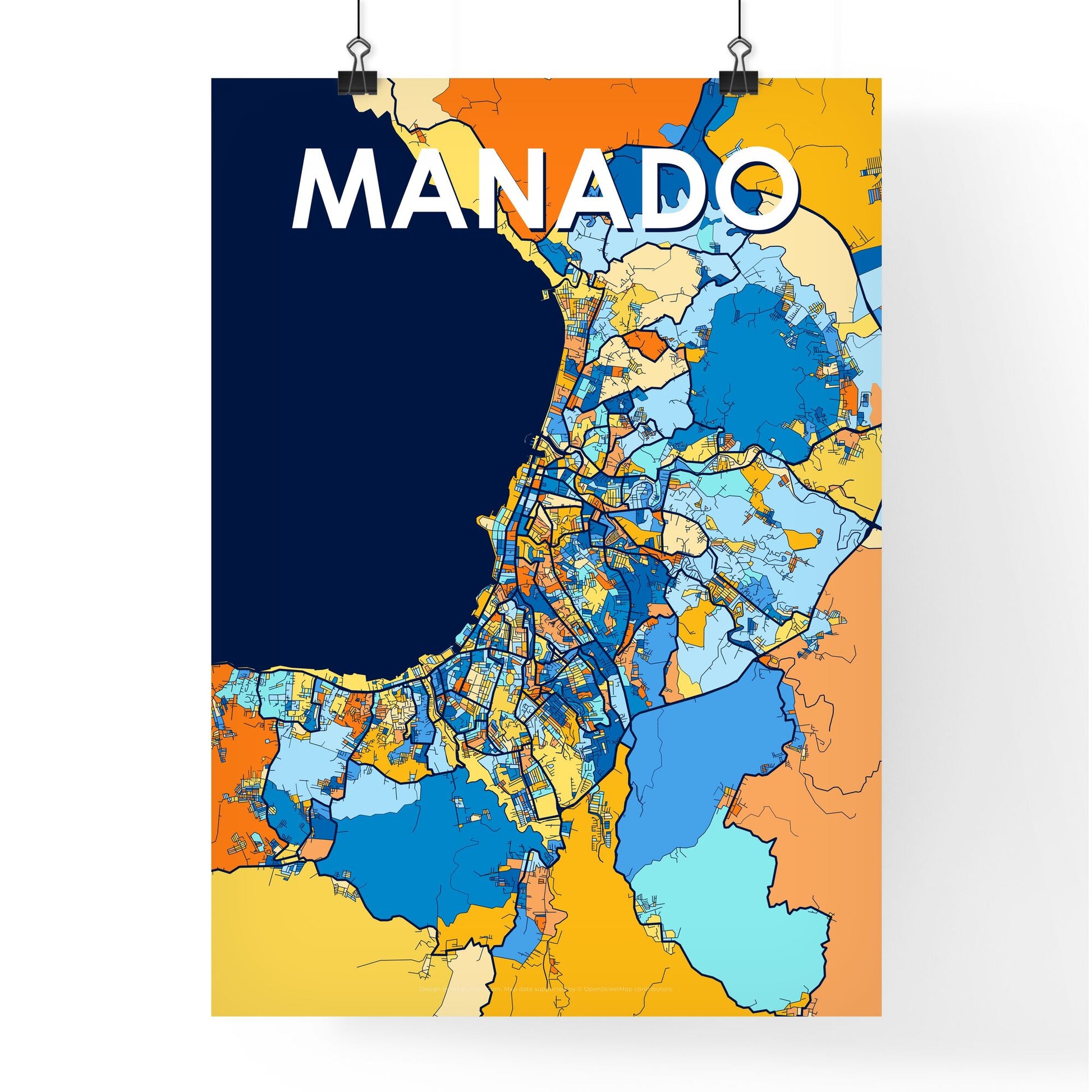 MANADO INDONESIA Vibrant Colorful Art Map Poster Blue Orange