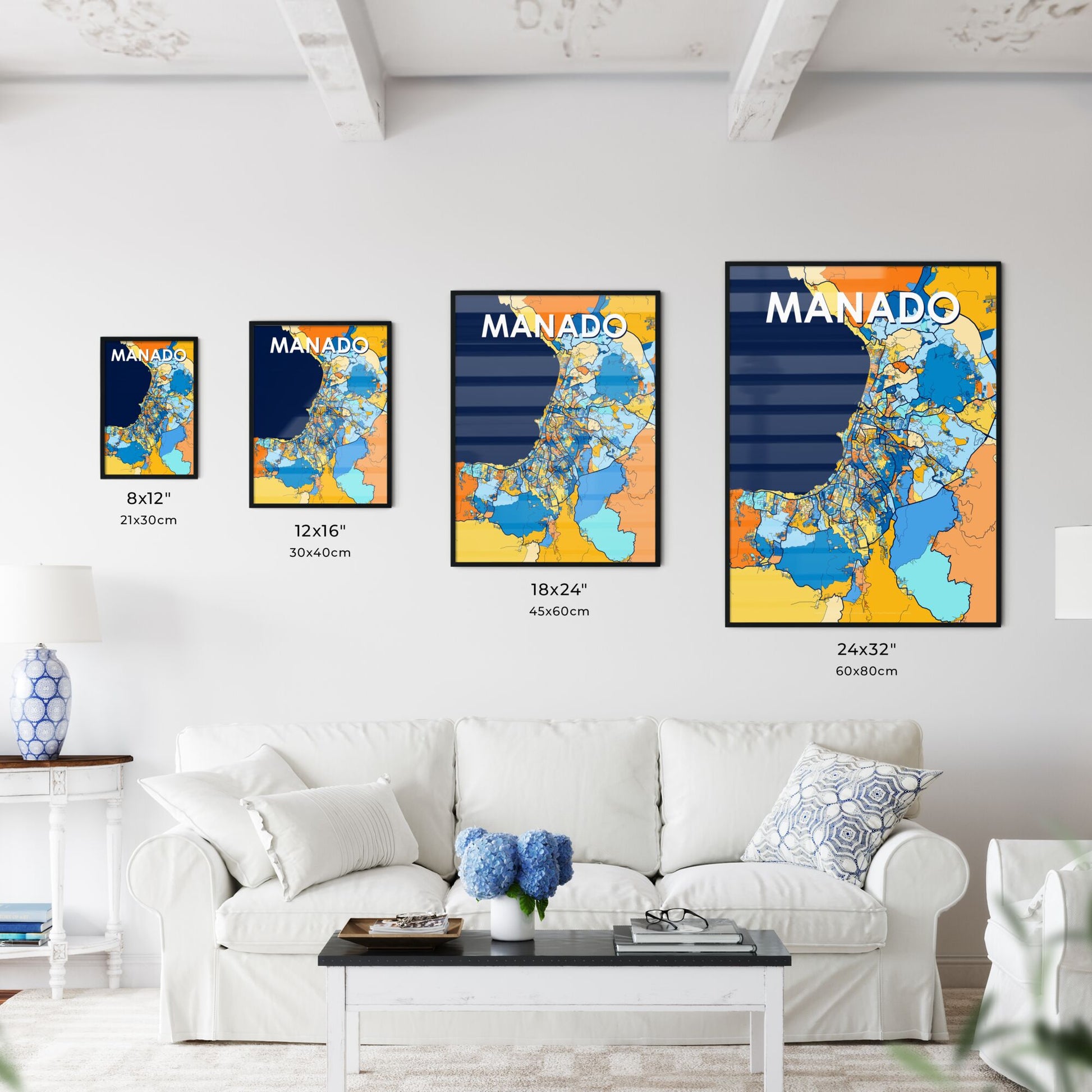 MANADO INDONESIA Vibrant Colorful Art Map Poster Blue Orange